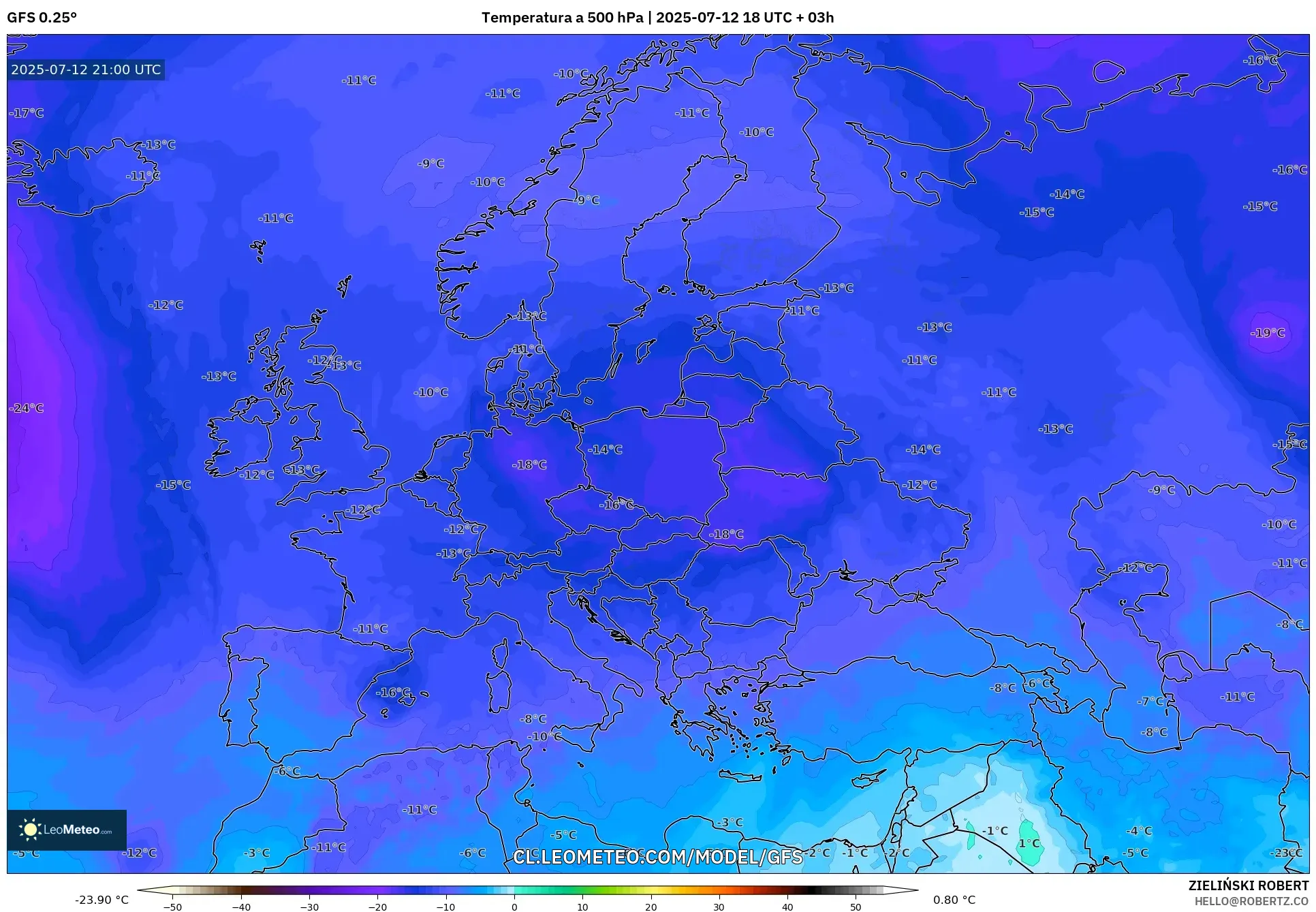 GFS model - Europa, Temperatura a 500 hPa GFS model - Europa, Temperatura a 500 hPa