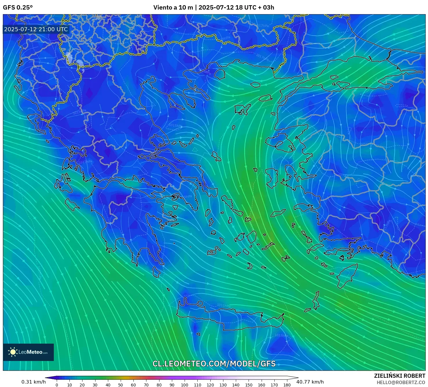 GFS model - Grecia, Viento a 10 m GFS model - Grecia, Viento a 10 m