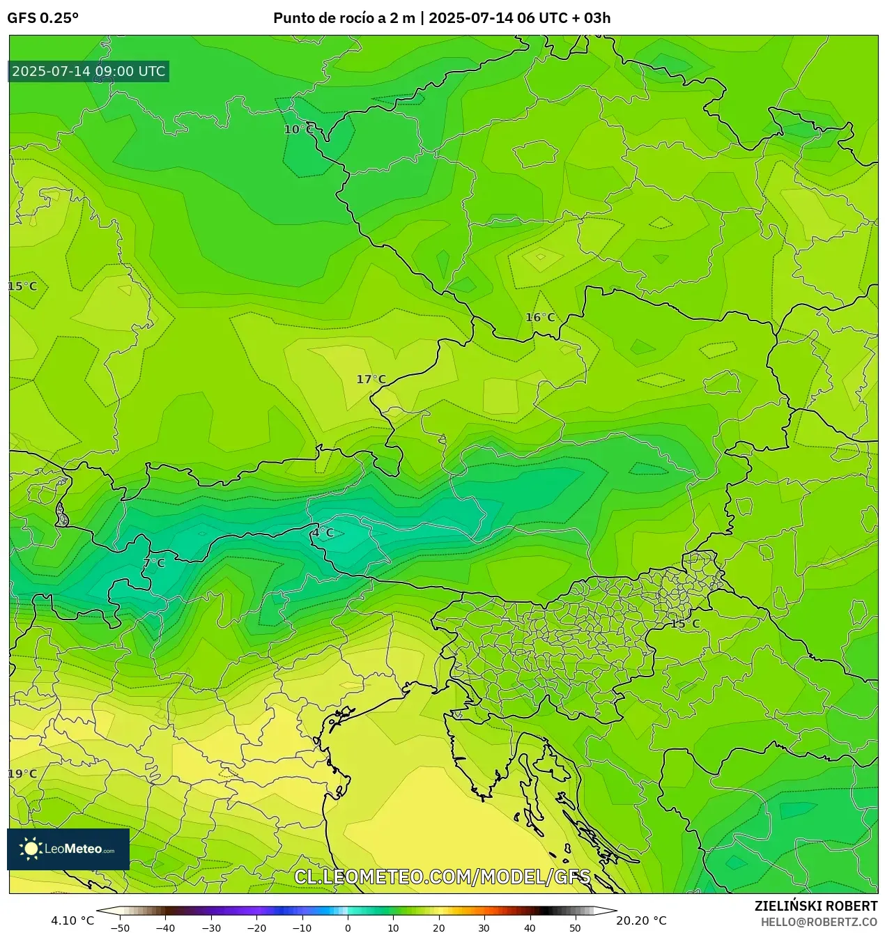 GFS model - Austria, Punto de rocío a 2 m GFS model - Austria, Punto de rocío a 2 m