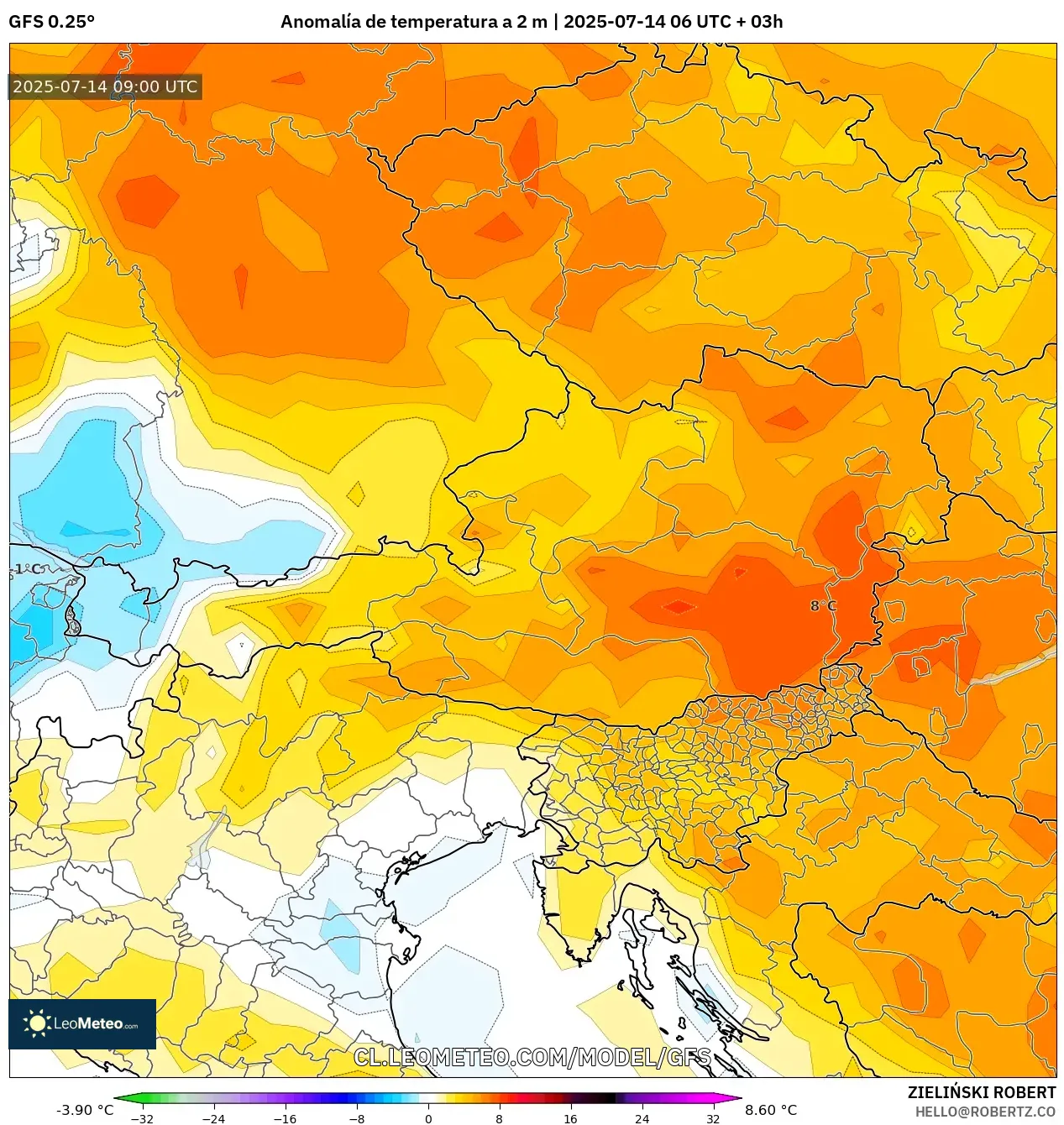 GFS model - Austria, Anomalía de temperatura a 2 m GFS model - Austria, Anomalía de temperatura a 2 m
