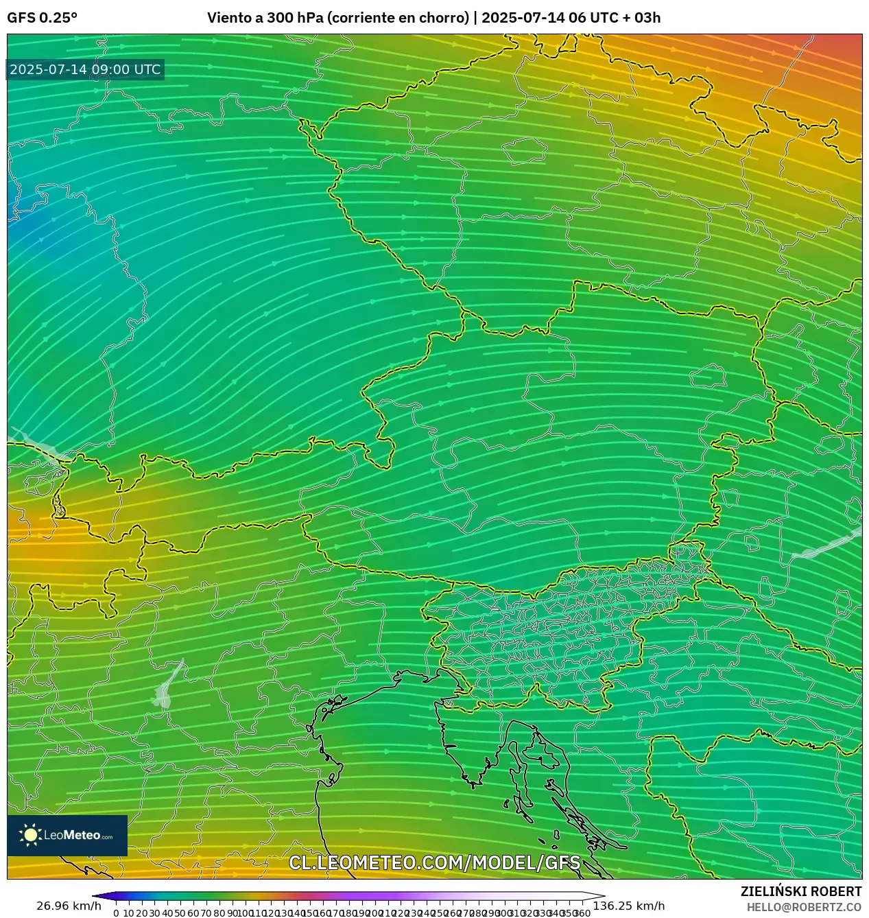 GFS model - Austria, Viento a 300 hPa (corriente en chorro) GFS model - Austria, Viento a 300 hPa (corriente en chorro)
