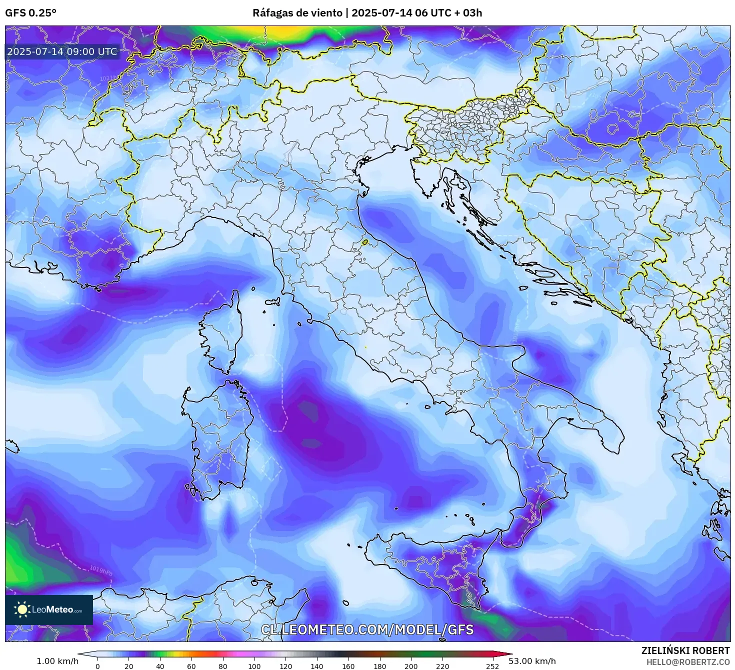 GFS model - Italia, Ráfagas de viento GFS model - Italia, Ráfagas de viento