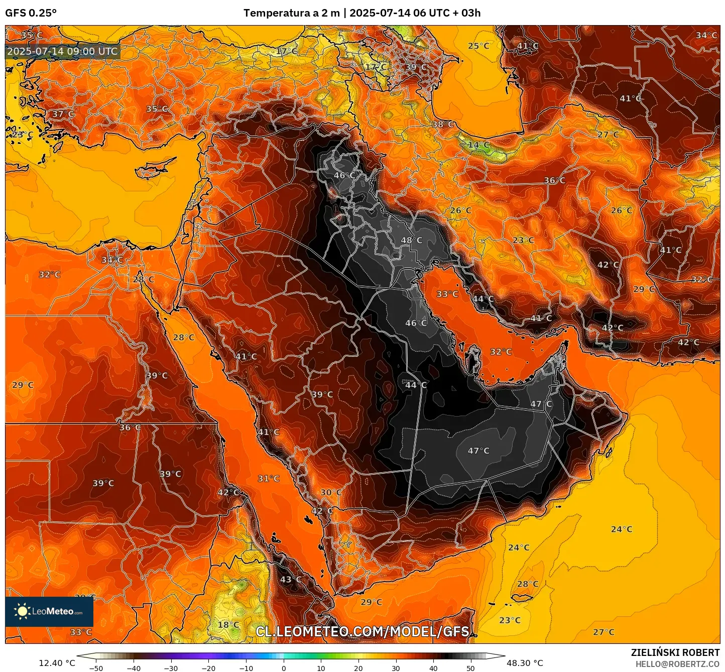 GFS model - Oriente Medio, Temperatura a 2 m GFS model - Oriente Medio, Temperatura a 2 m