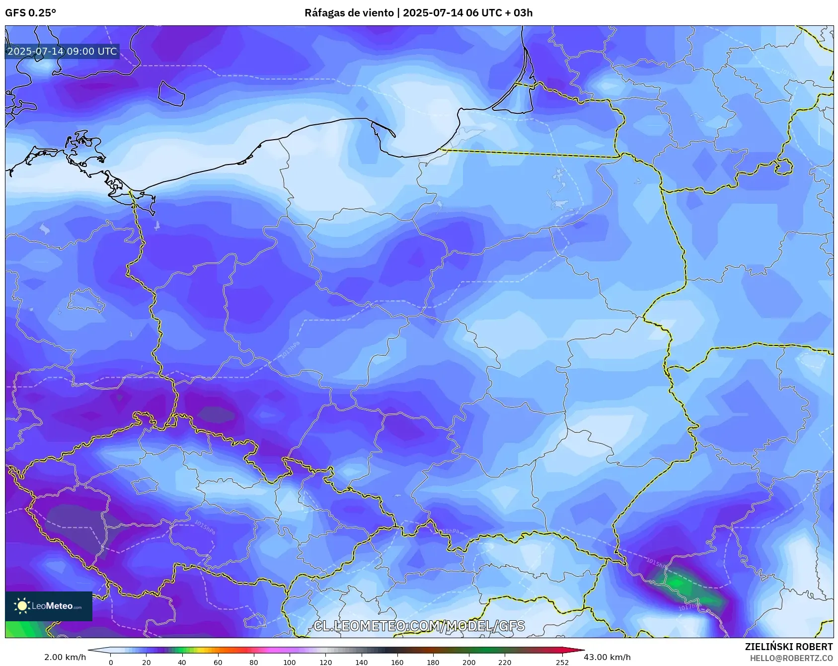 GFS model - Polonia, Ráfagas de viento GFS model - Polonia, Ráfagas de viento