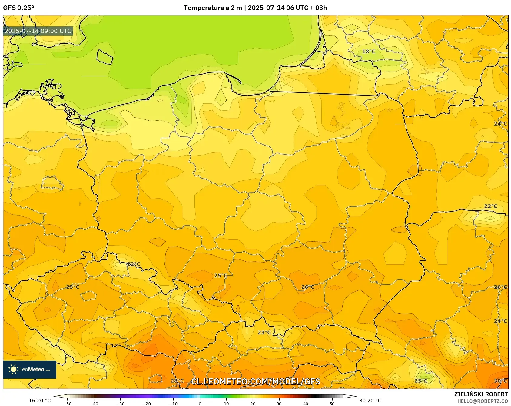 GFS model - Polonia, Temperatura a 2 m GFS model - Polonia, Temperatura a 2 m