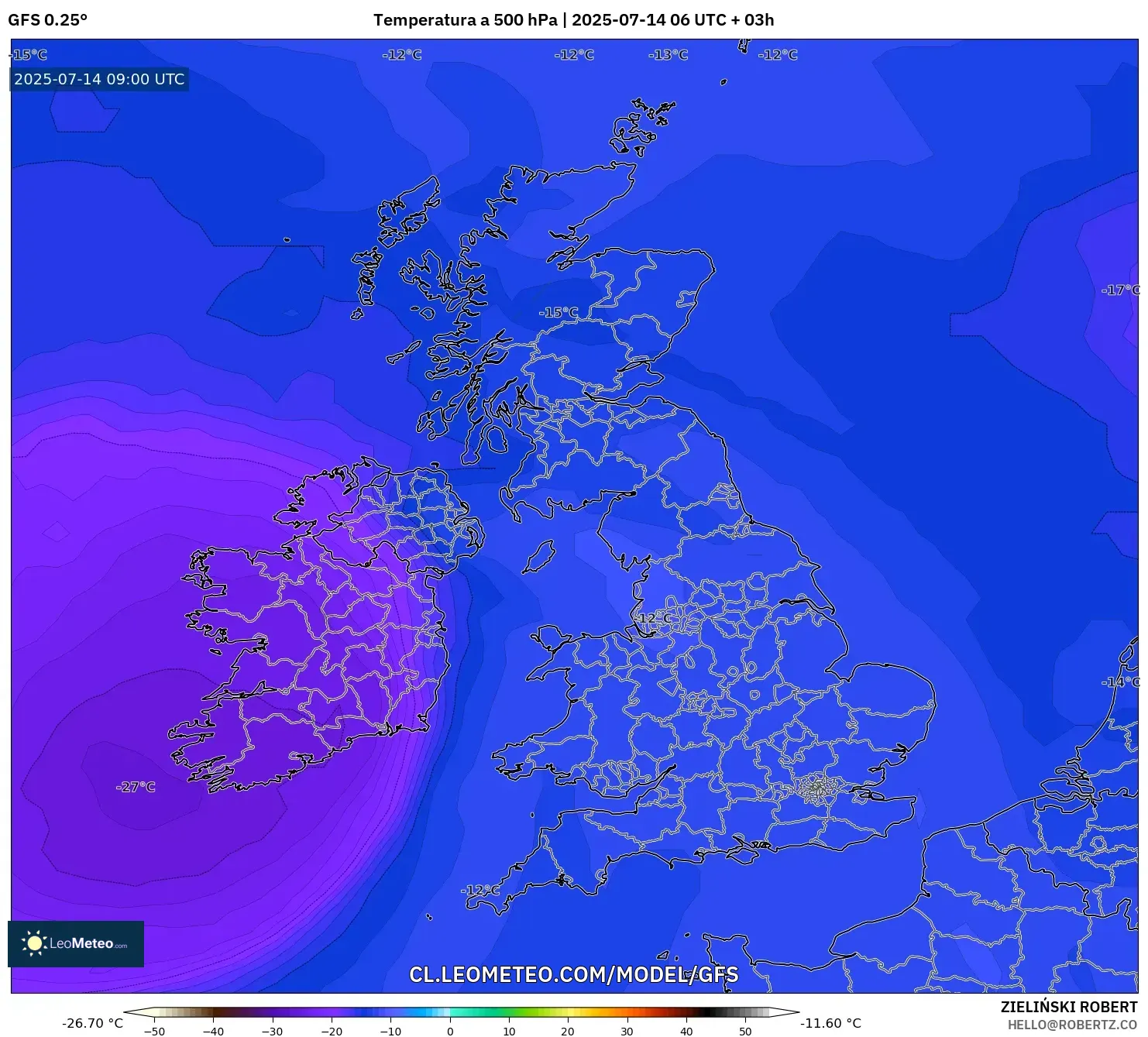 GFS model - Reino Unido, Temperatura a 500 hPa GFS model - Reino Unido, Temperatura a 500 hPa