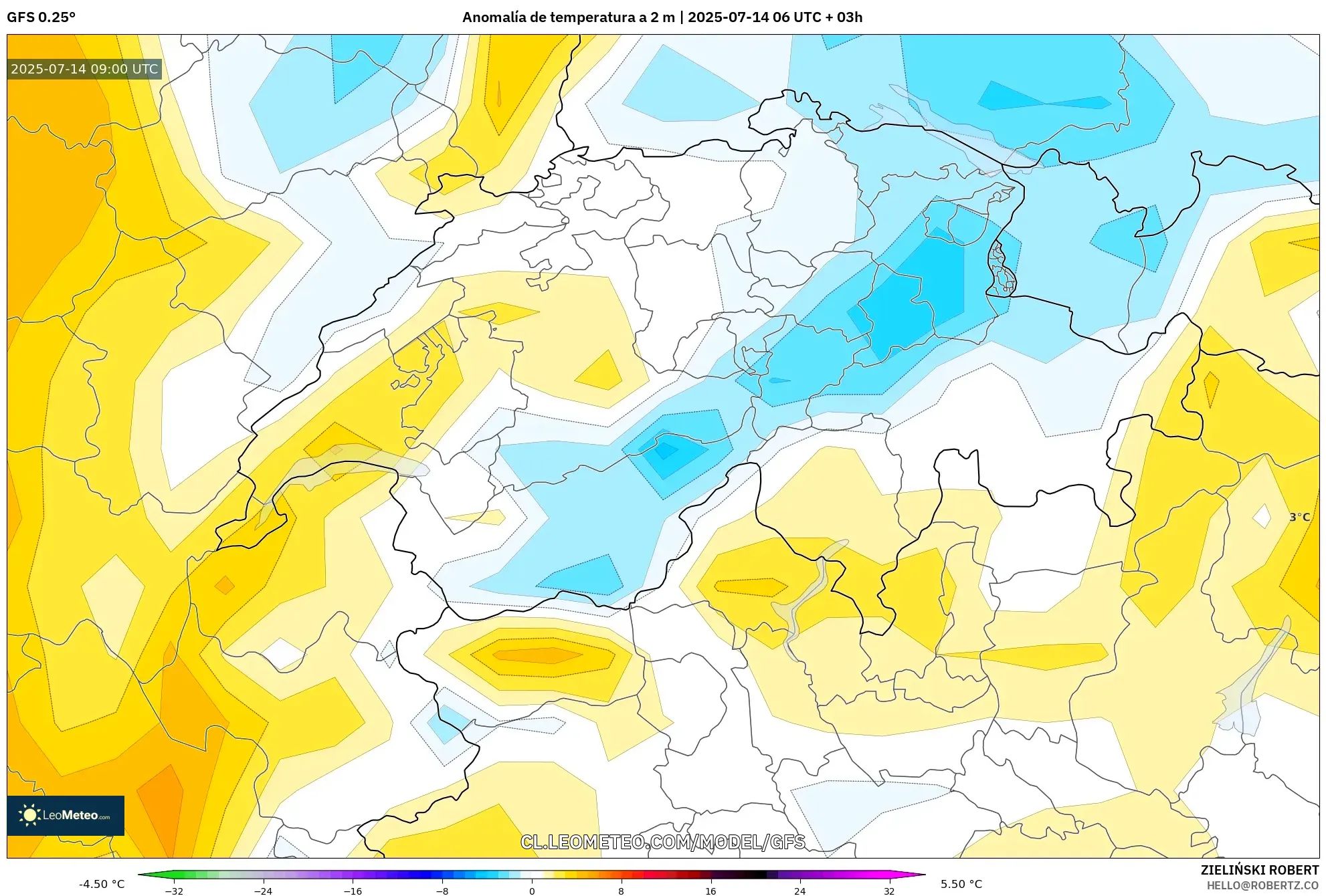 GFS model - Suiza, Anomalía de temperatura a 2 m GFS model - Suiza, Anomalía de temperatura a 2 m