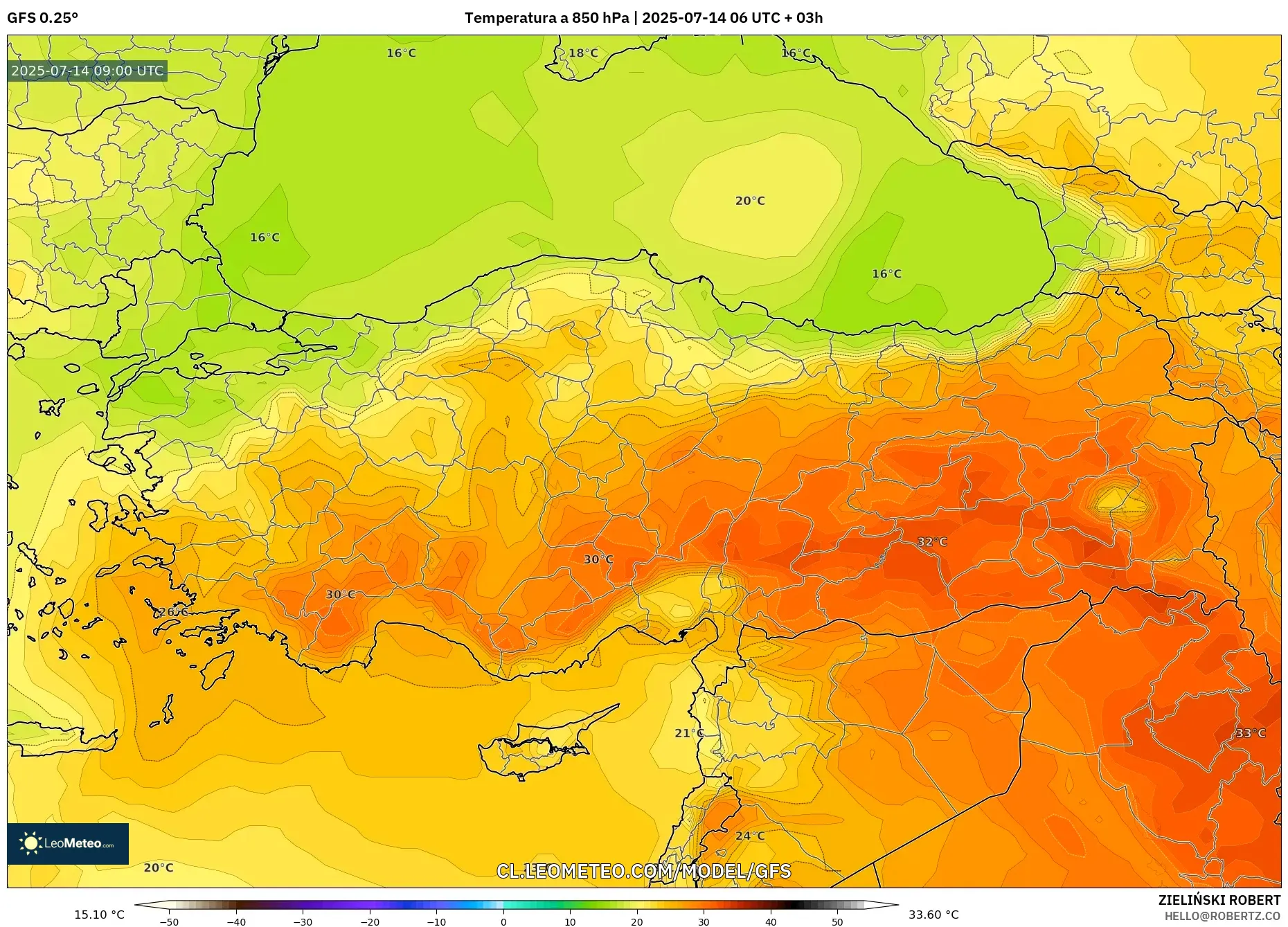 GFS model - Turquía, Temperatura a 850 hPa GFS model - Turquía, Temperatura a 850 hPa