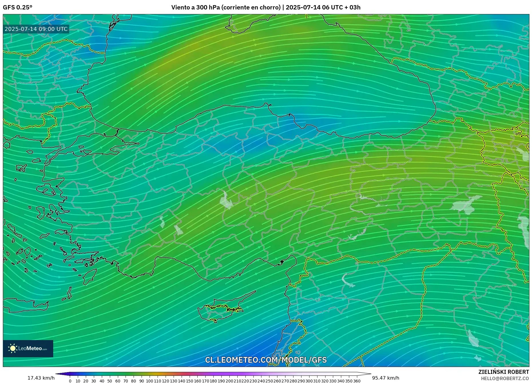 GFS model - Turquía, Viento a 300 hPa (corriente en chorro) GFS model - Turquía, Viento a 300 hPa (corriente en chorro)