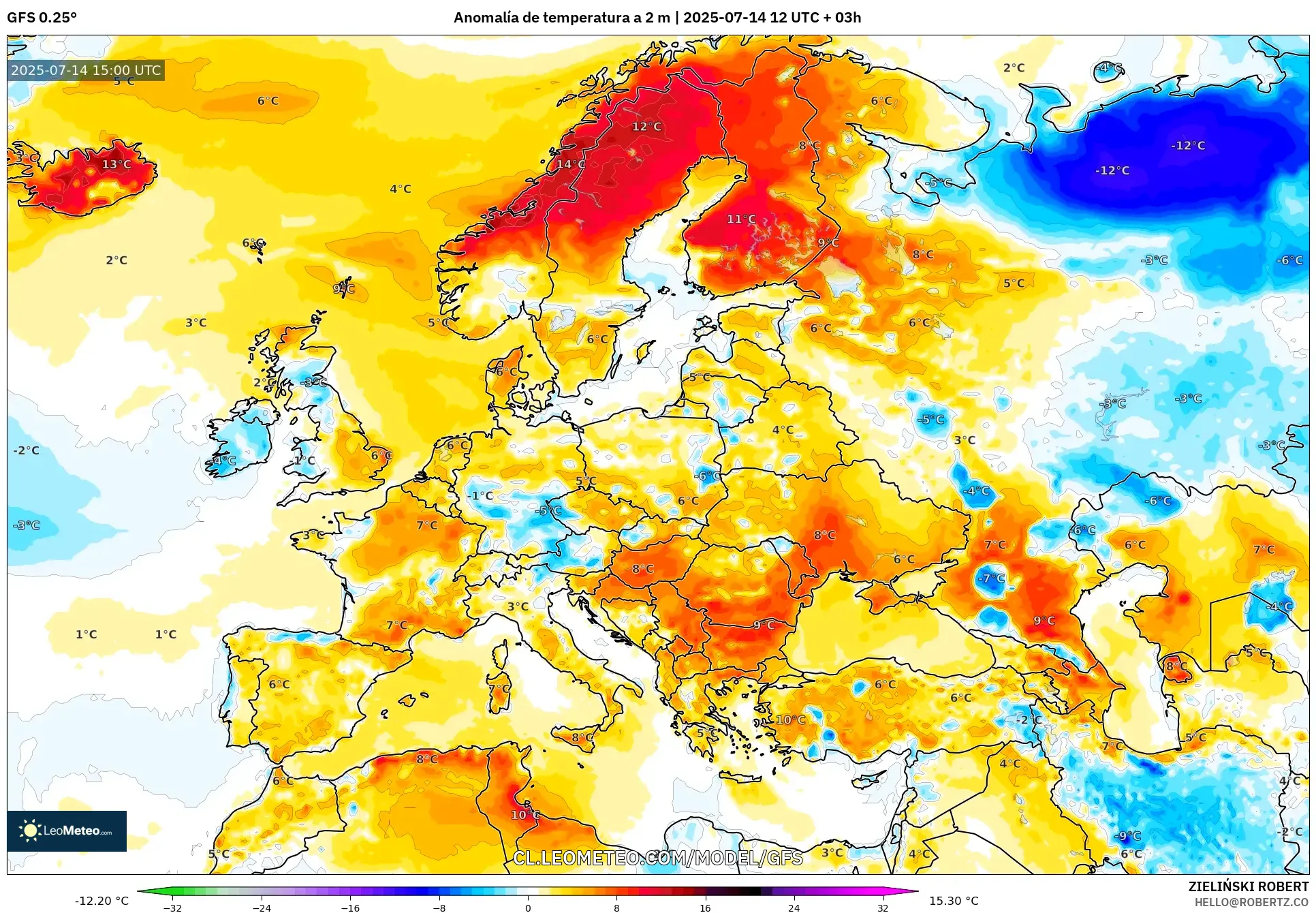 GFS model - Europa, Anomalía de temperatura a 2 m GFS model - Europa, Anomalía de temperatura a 2 m
