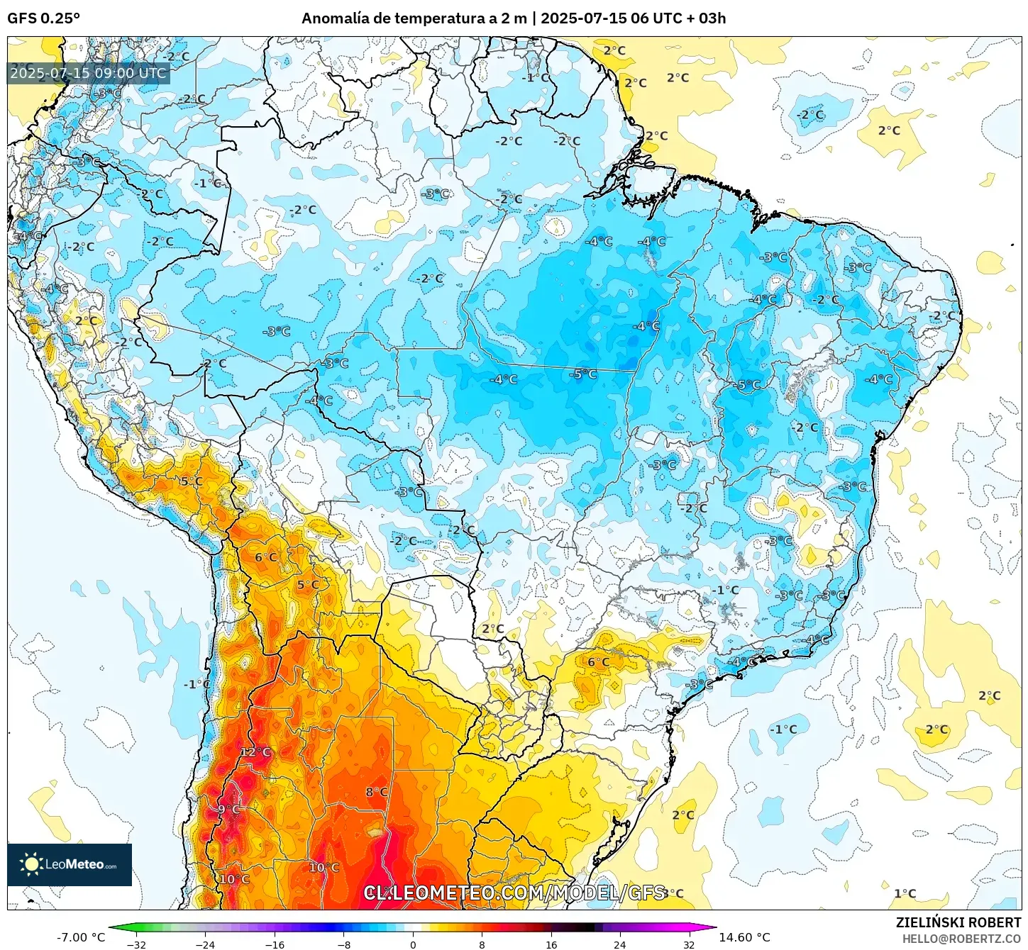 GFS model - Brasil, Anomalía de temperatura a 2 m GFS model - Brasil, Anomalía de temperatura a 2 m