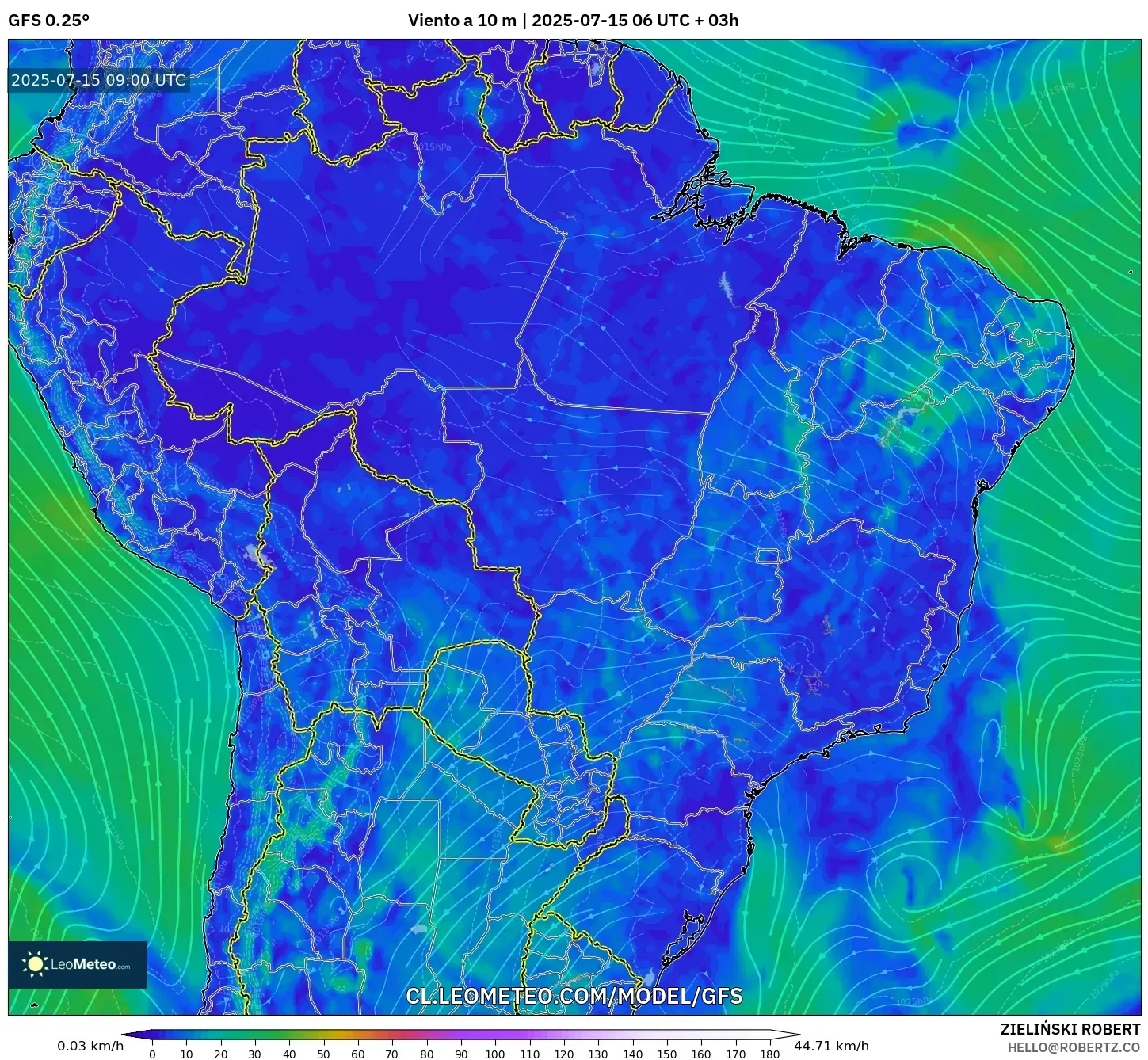 GFS model - Brasil, Viento a 10 m GFS model - Brasil, Viento a 10 m