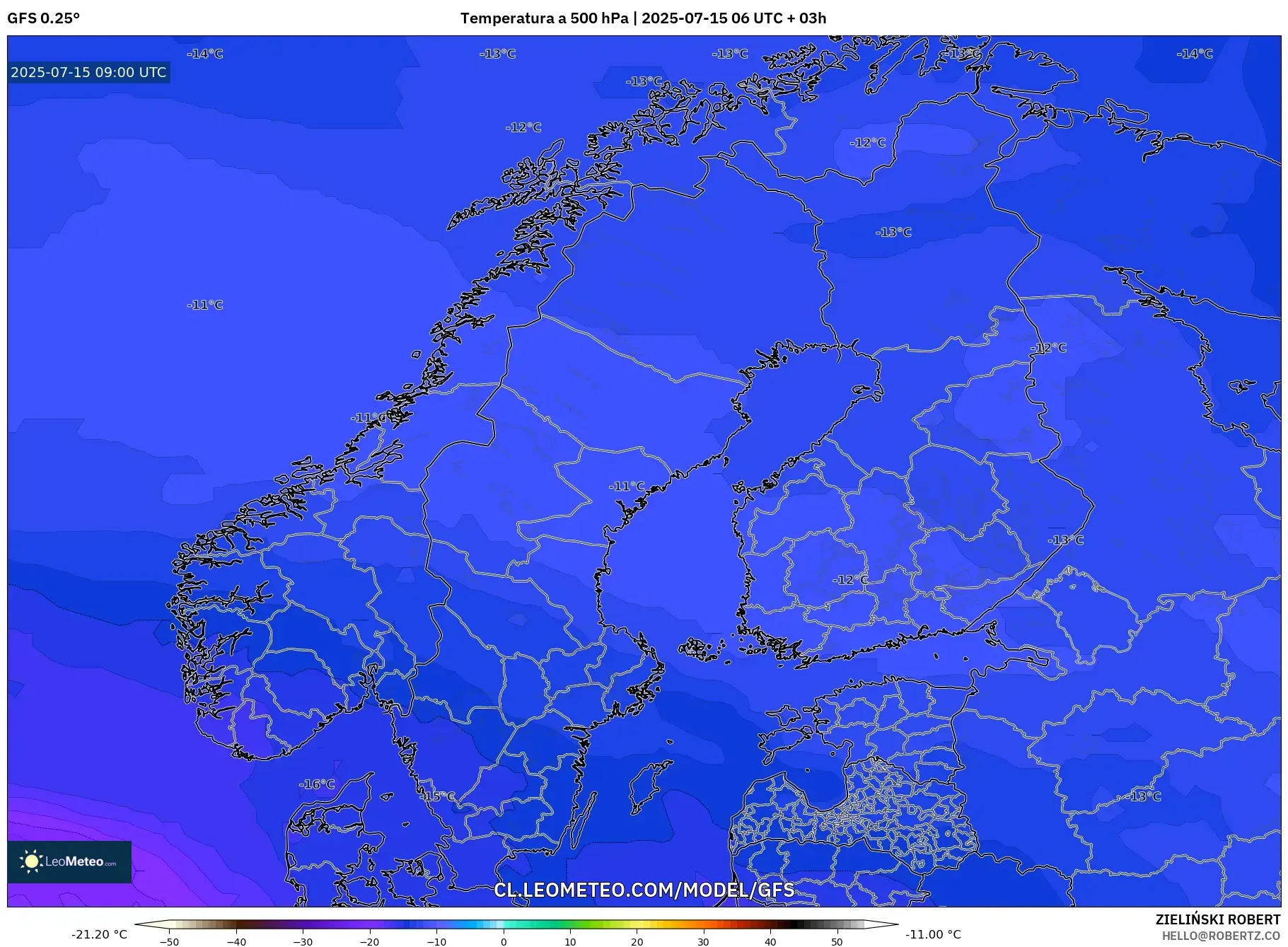 GFS model - Escandinavia, Temperatura a 500 hPa GFS model - Escandinavia, Temperatura a 500 hPa