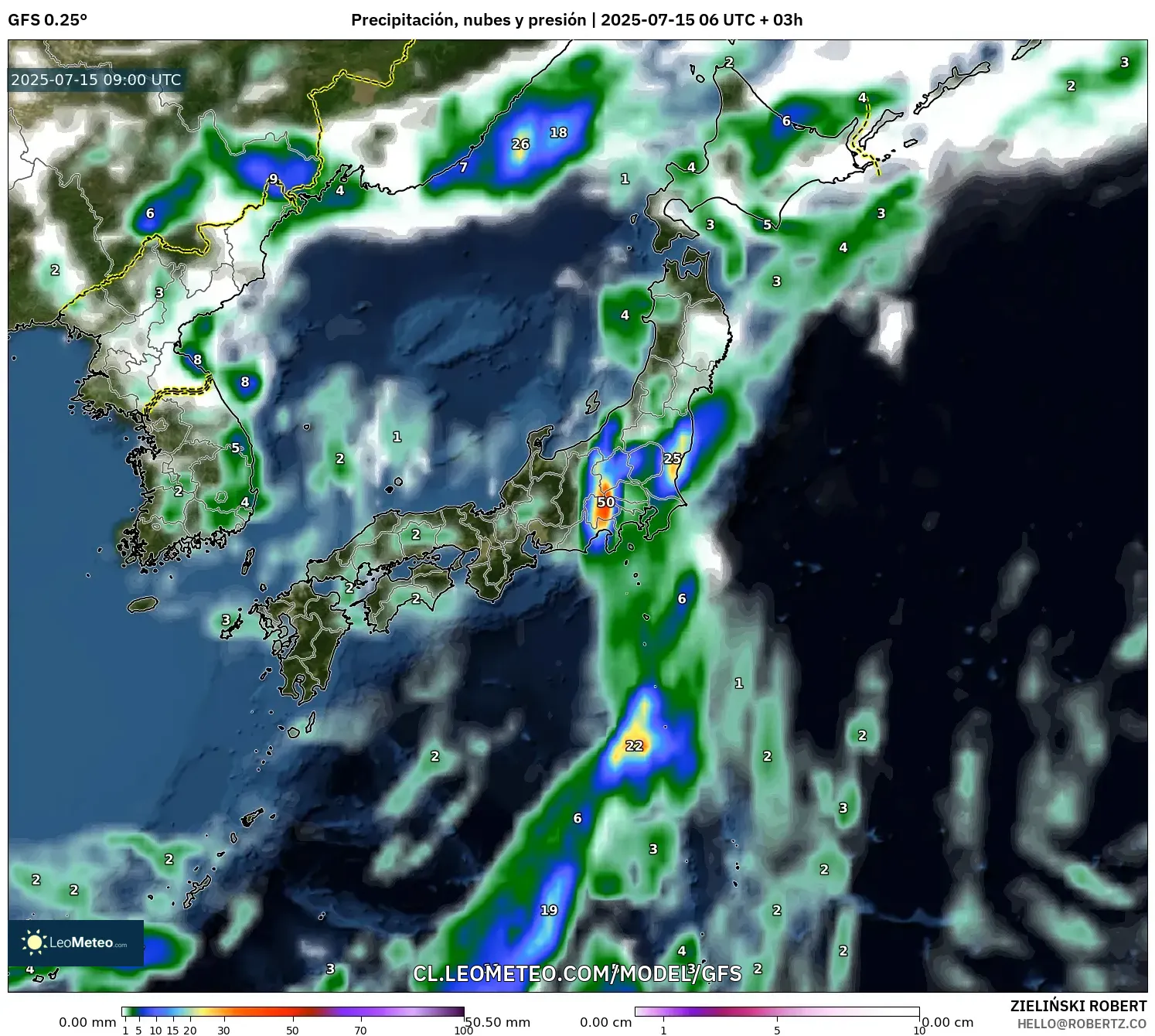 GFS model - Japón, Precipitación, nubes y presión GFS model - Japón, Precipitación, nubes y presión