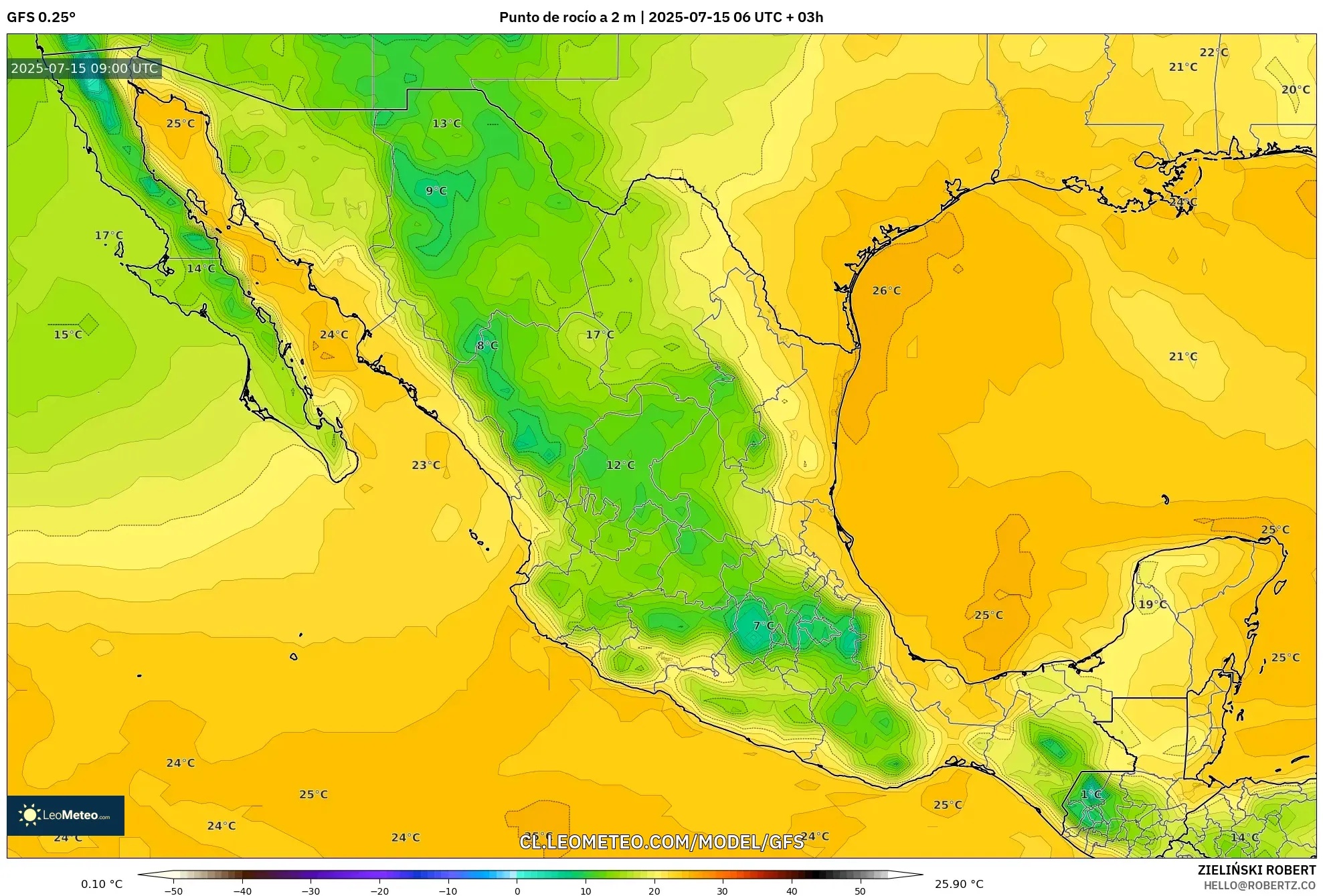 GFS model - México, Punto de rocío a 2 m GFS model - México, Punto de rocío a 2 m