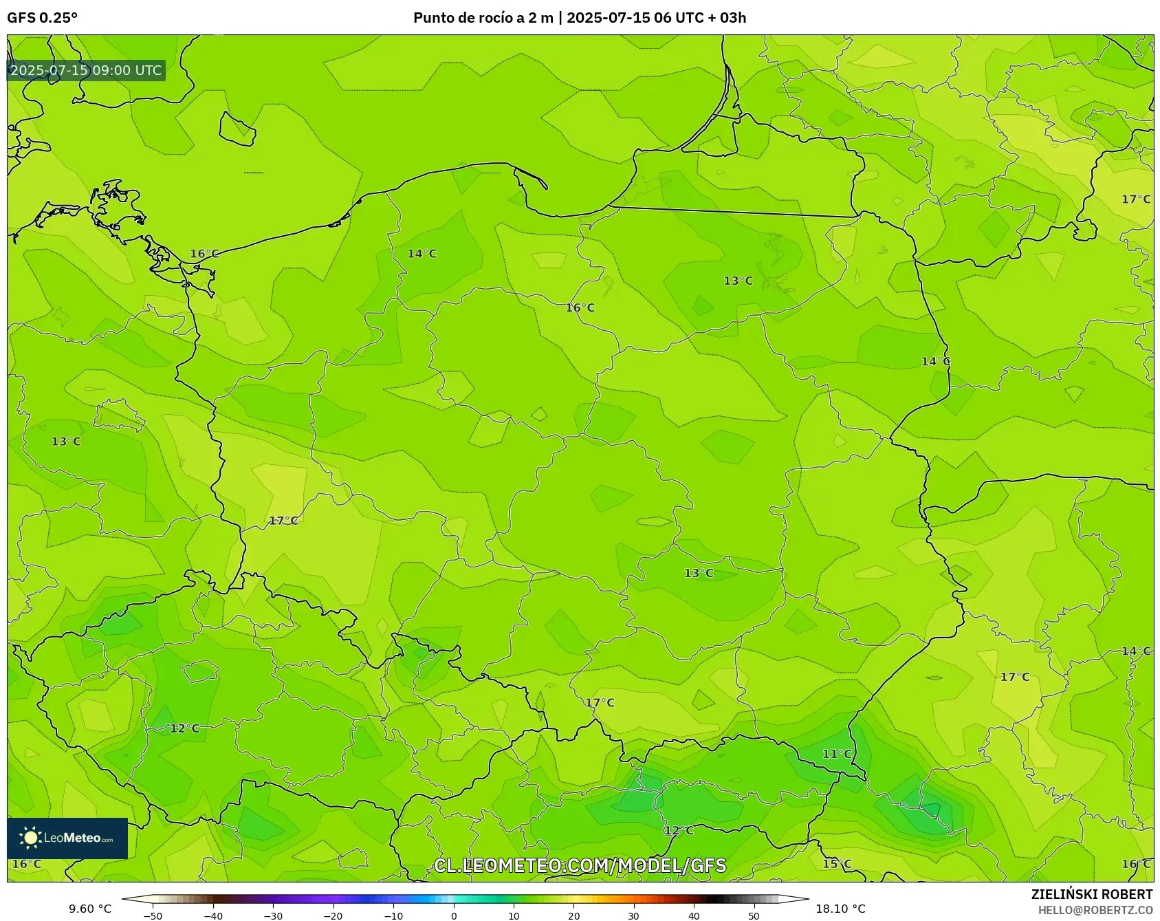 GFS model - Polonia, Punto de rocío a 2 m GFS model - Polonia, Punto de rocío a 2 m