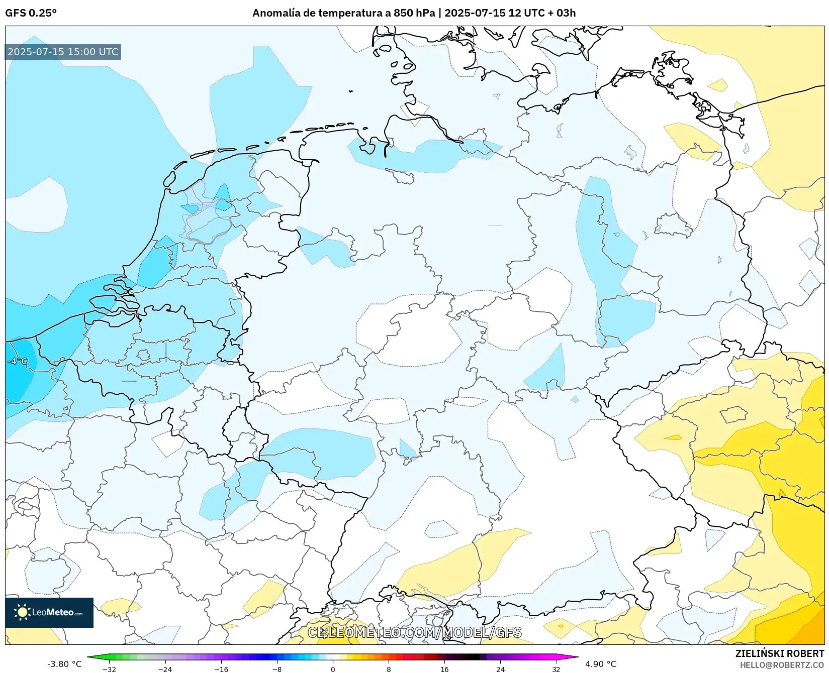 GFS model - Alemania, Anomalía de temperatura a 850 hPa GFS model - Alemania, Anomalía de temperatura a 850 hPa