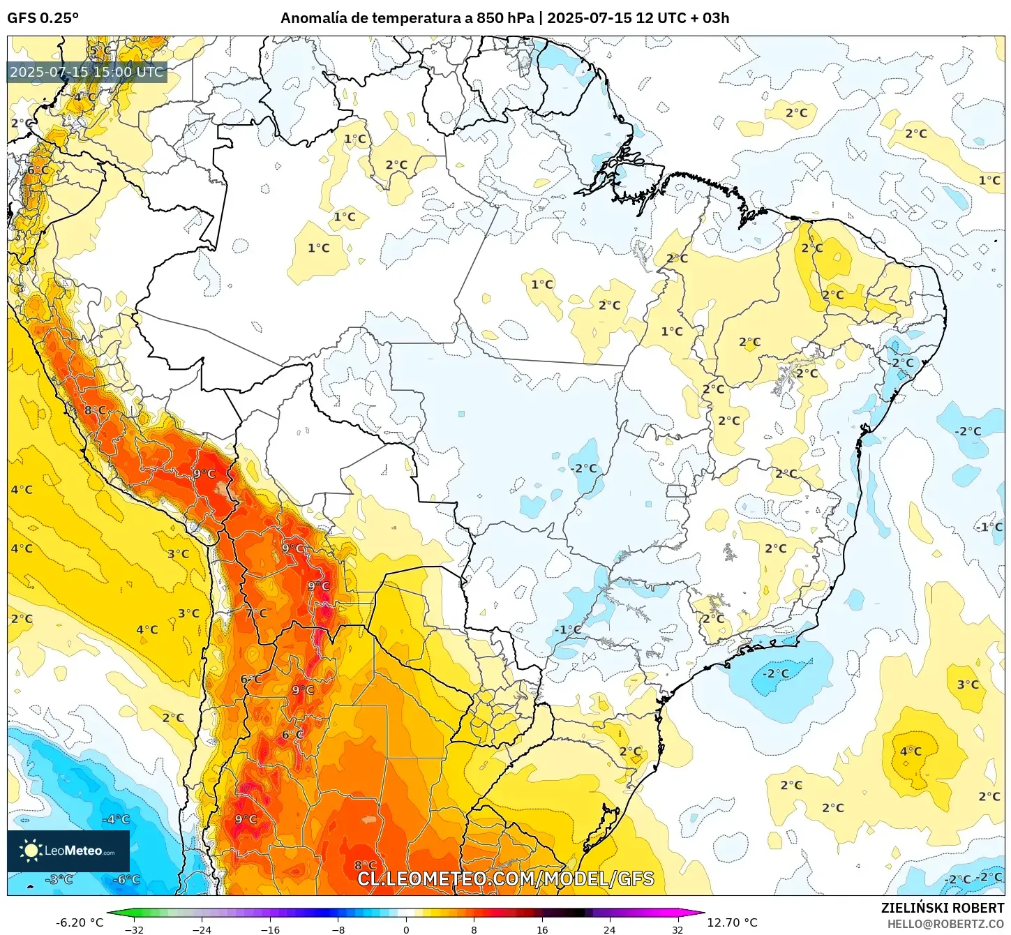 GFS model - Brasil, Anomalía de temperatura a 850 hPa GFS model - Brasil, Anomalía de temperatura a 850 hPa