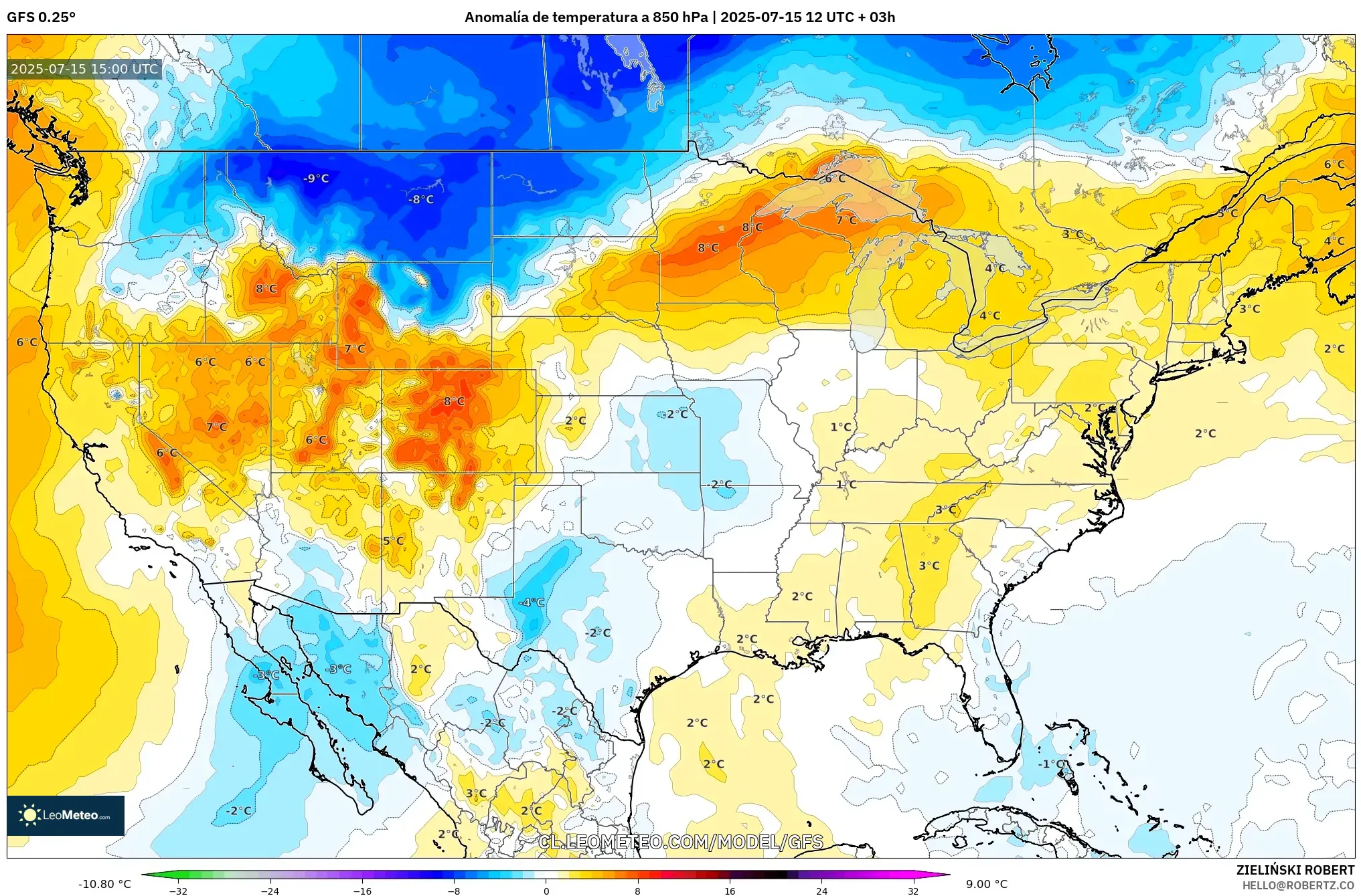 GFS model - Estados Unidos, Anomalía de temperatura a 850 hPa GFS model - Estados Unidos, Anomalía de temperatura a 850 hPa