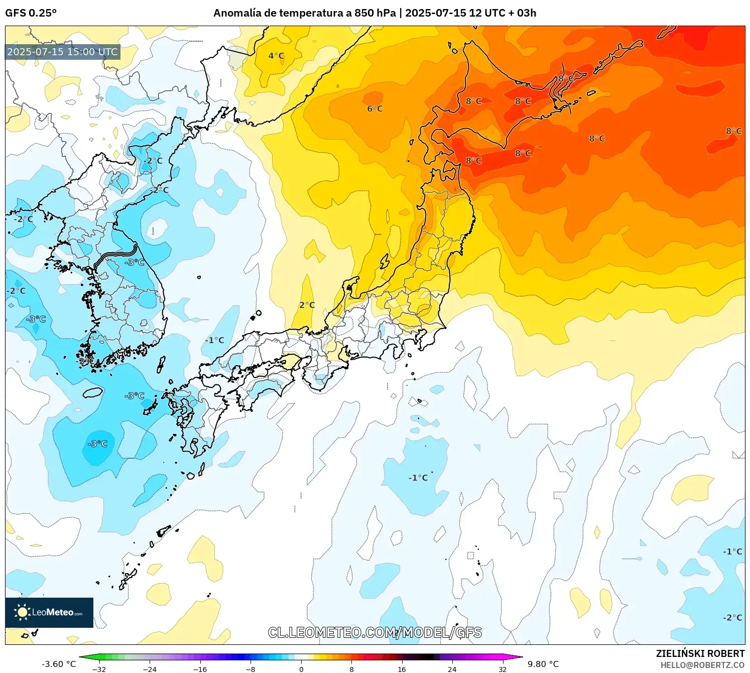 GFS model - Japón, Anomalía de temperatura a 850 hPa GFS model - Japón, Anomalía de temperatura a 850 hPa