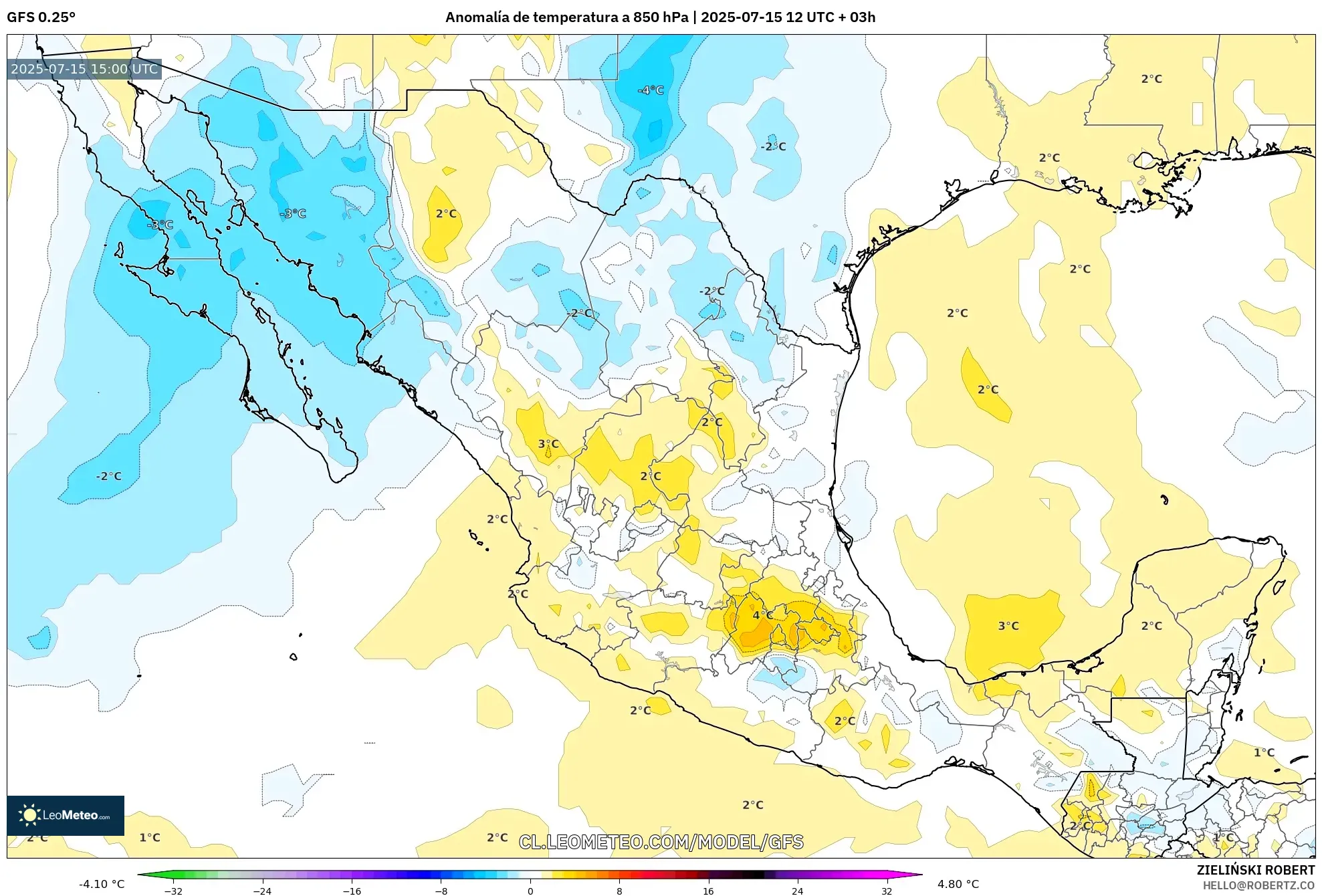 GFS model - México, Anomalía de temperatura a 850 hPa GFS model - México, Anomalía de temperatura a 850 hPa