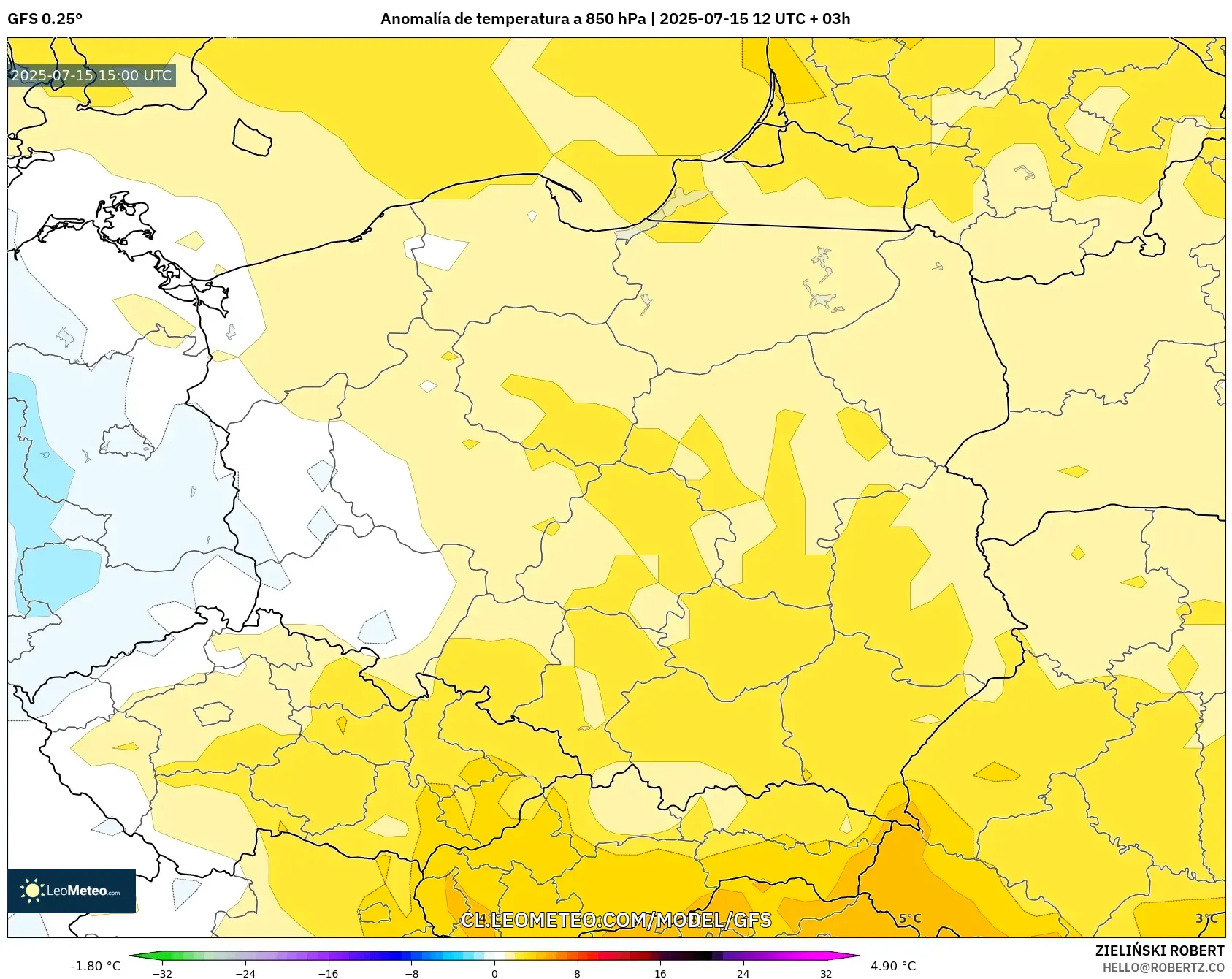 GFS model - Polonia, Anomalía de temperatura a 850 hPa GFS model - Polonia, Anomalía de temperatura a 850 hPa