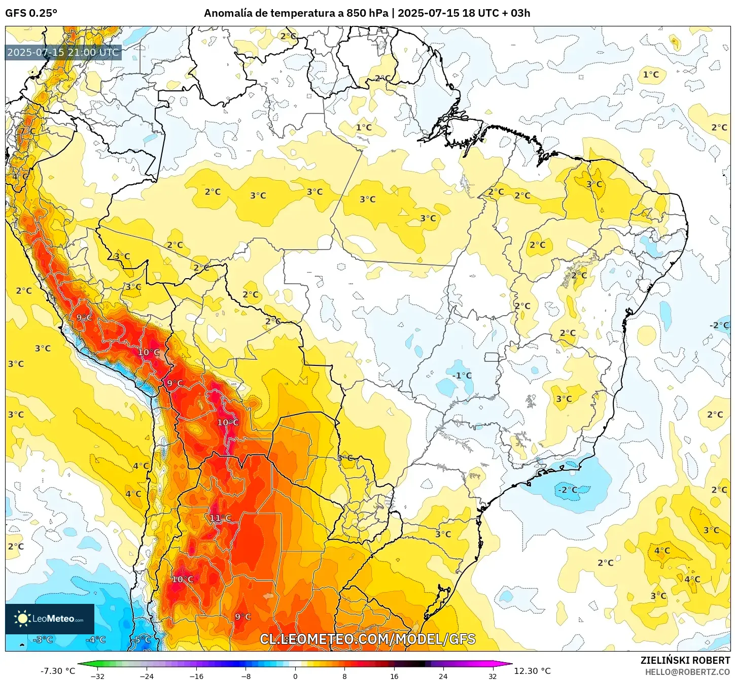 GFS model - Brasil, Anomalía de temperatura a 850 hPa GFS model - Brasil, Anomalía de temperatura a 850 hPa