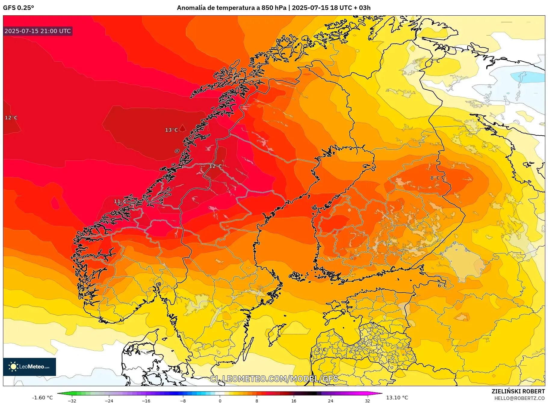 GFS model - Escandinavia, Anomalía de temperatura a 850 hPa GFS model - Escandinavia, Anomalía de temperatura a 850 hPa