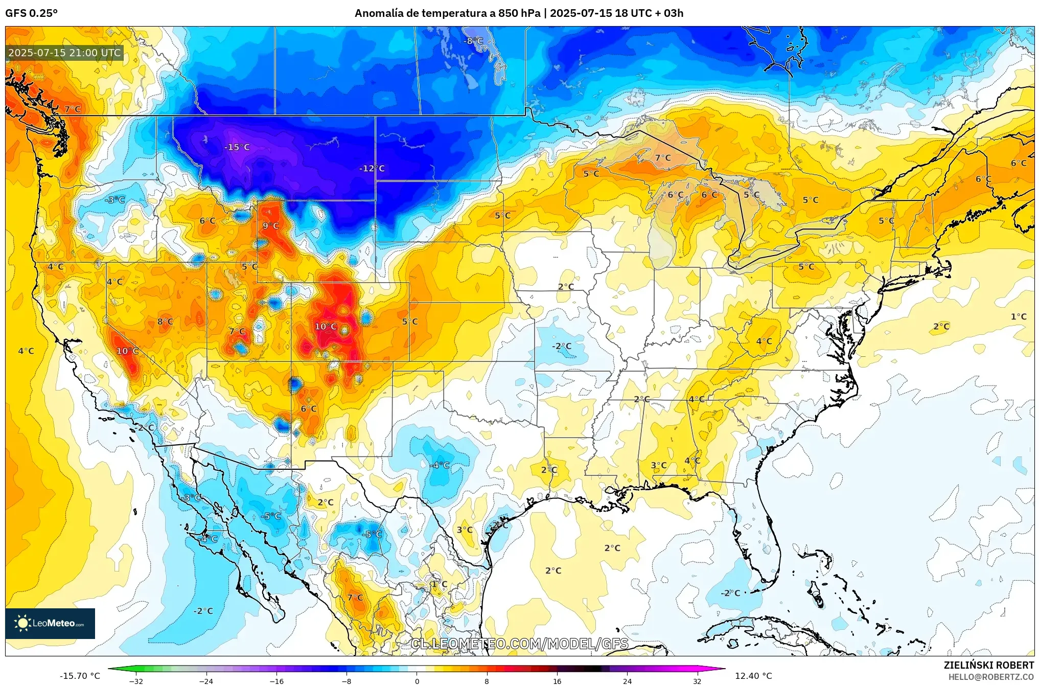 GFS model - Estados Unidos, Anomalía de temperatura a 850 hPa GFS model - Estados Unidos, Anomalía de temperatura a 850 hPa