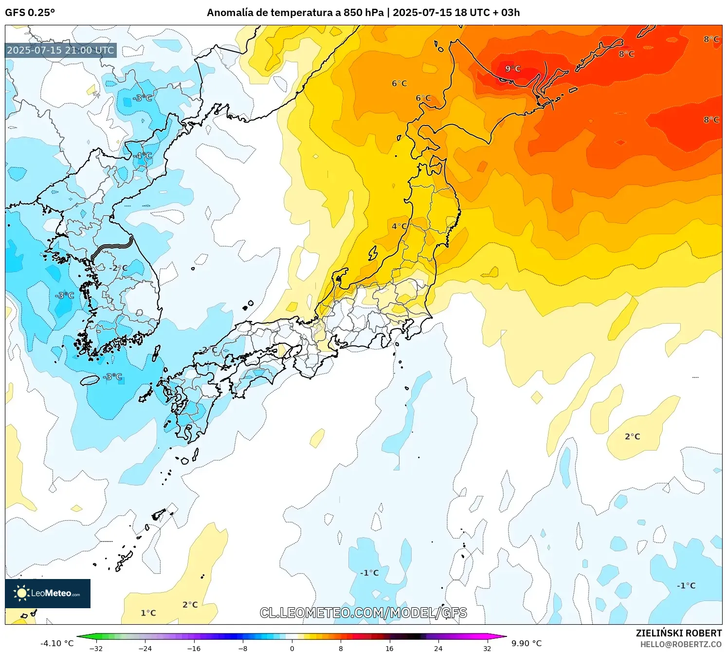 GFS model - Japón, Anomalía de temperatura a 850 hPa GFS model - Japón, Anomalía de temperatura a 850 hPa
