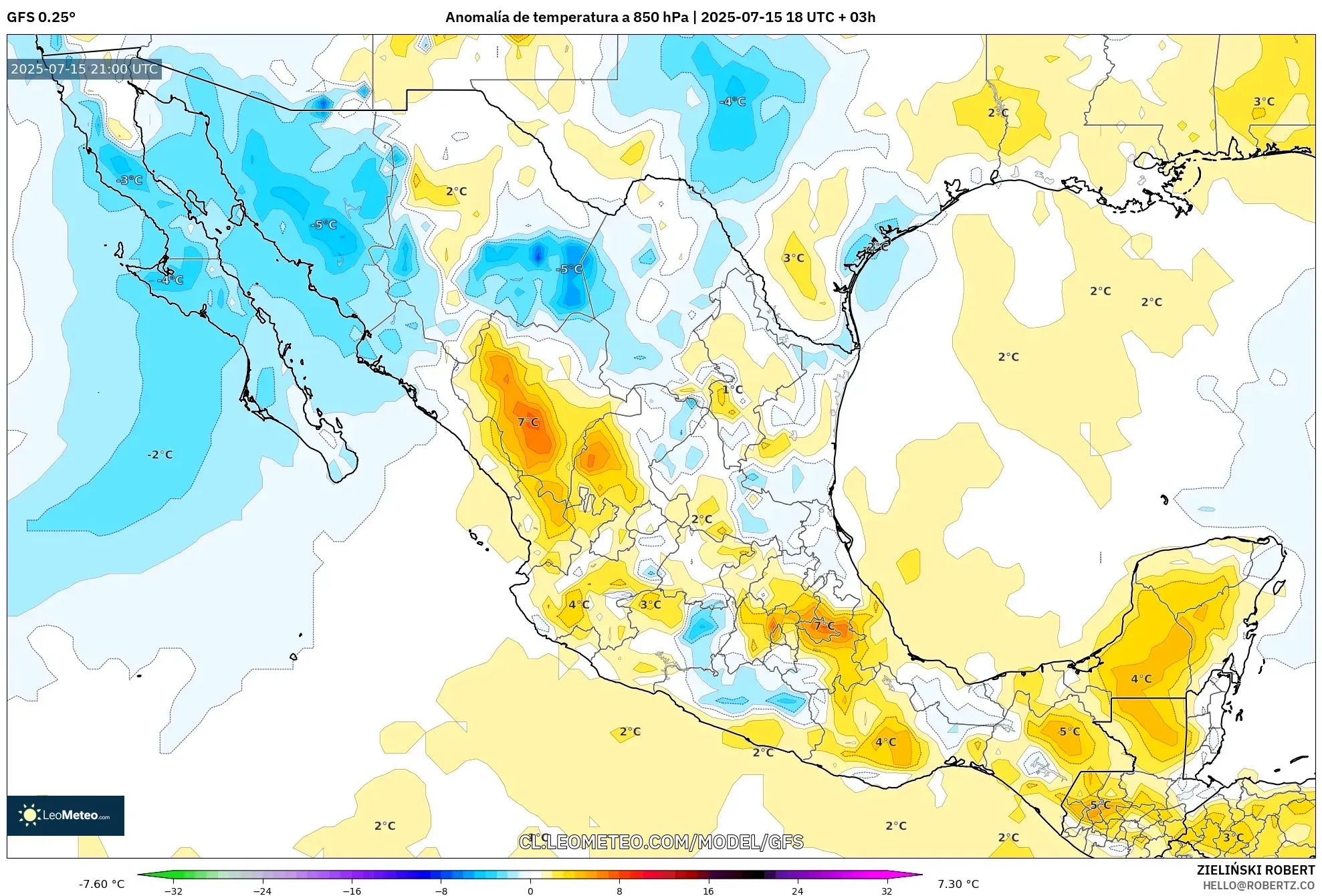 GFS model - México, Anomalía de temperatura a 850 hPa GFS model - México, Anomalía de temperatura a 850 hPa