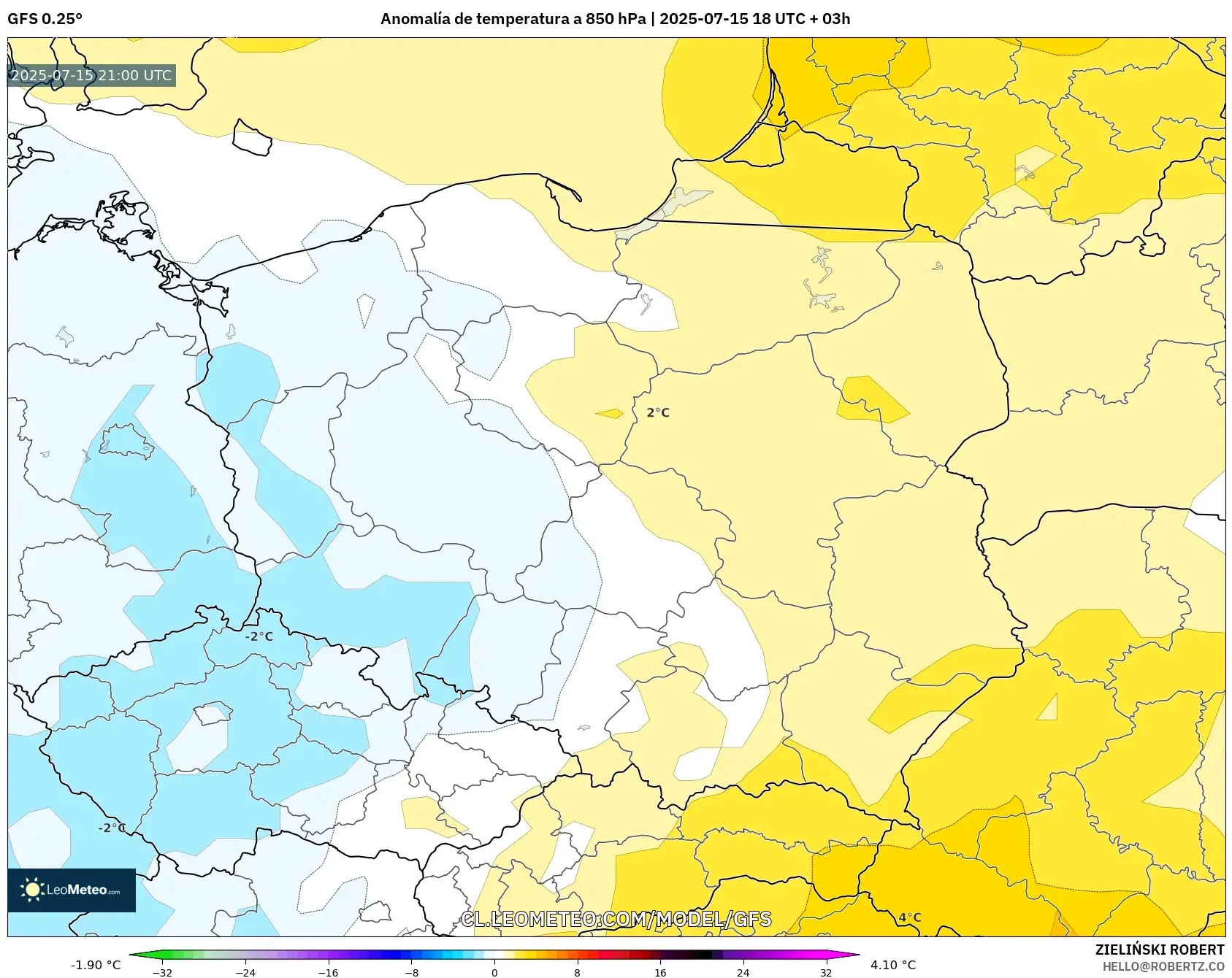 GFS model - Polonia, Anomalía de temperatura a 850 hPa