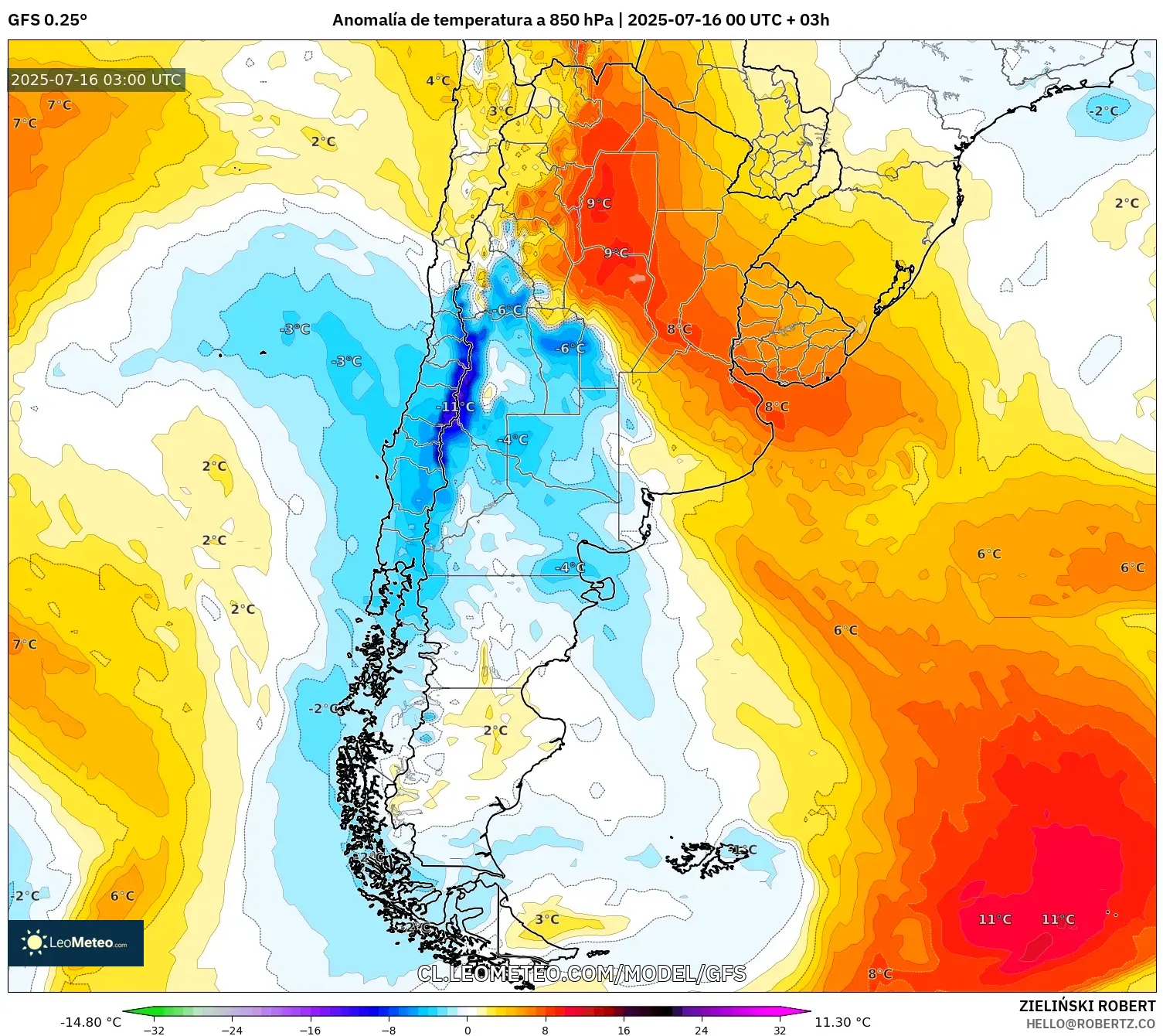 GFS model - Argentina, Anomalía de temperatura a 850 hPa GFS model - Argentina, Anomalía de temperatura a 850 hPa