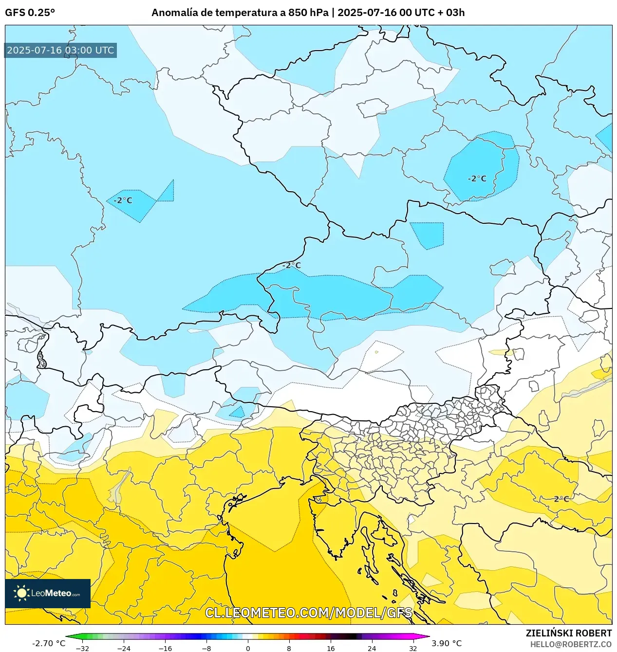 GFS model - Austria, Anomalía de temperatura a 850 hPa GFS model - Austria, Anomalía de temperatura a 850 hPa