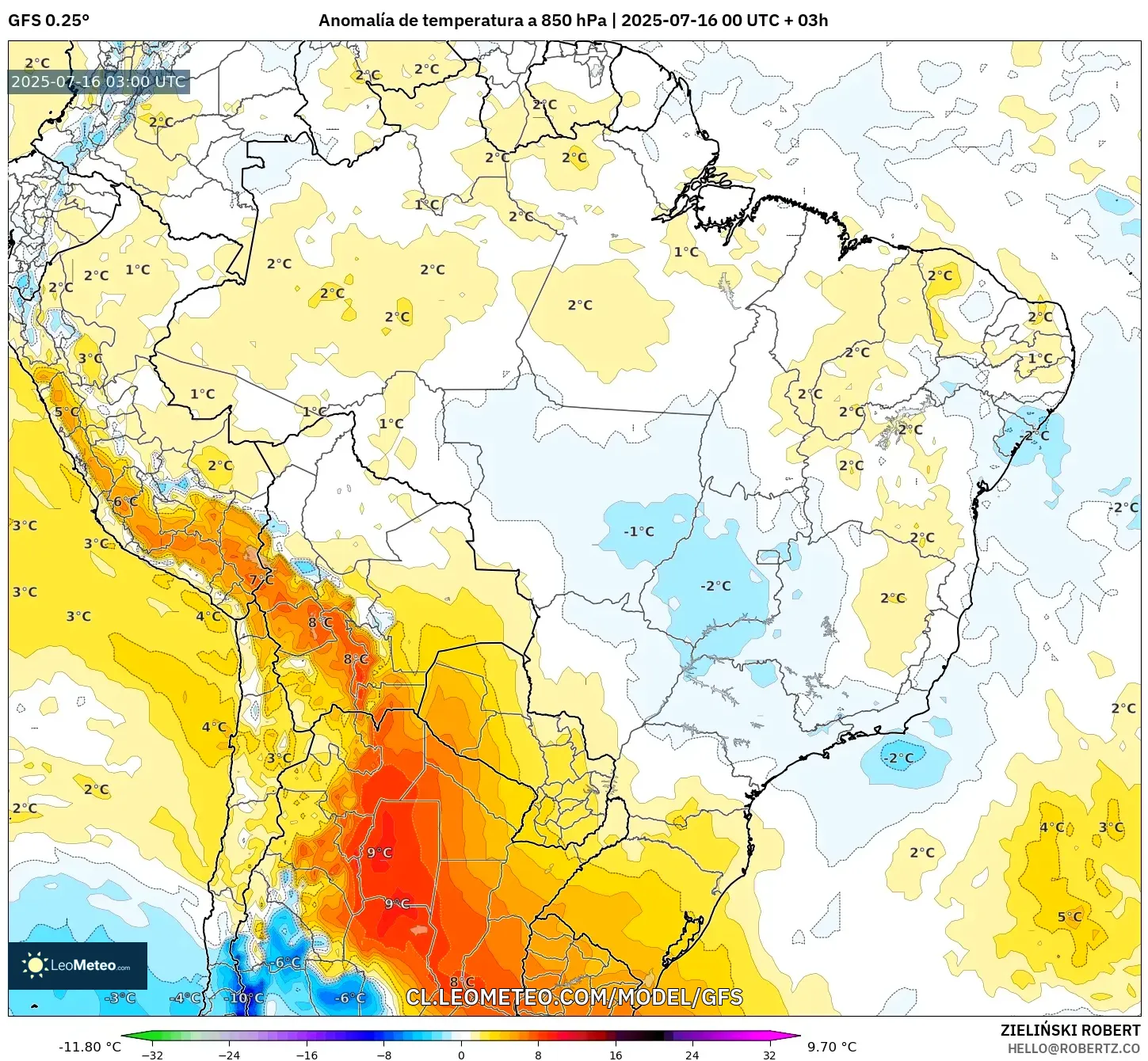 GFS model - Brasil, Anomalía de temperatura a 850 hPa GFS model - Brasil, Anomalía de temperatura a 850 hPa