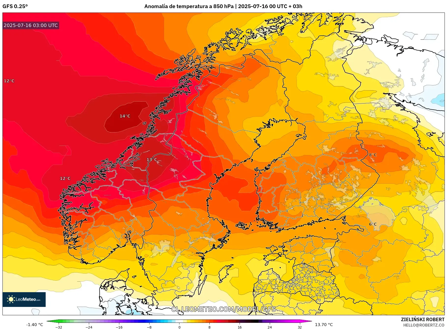 GFS model - Escandinavia, Anomalía de temperatura a 850 hPa GFS model - Escandinavia, Anomalía de temperatura a 850 hPa