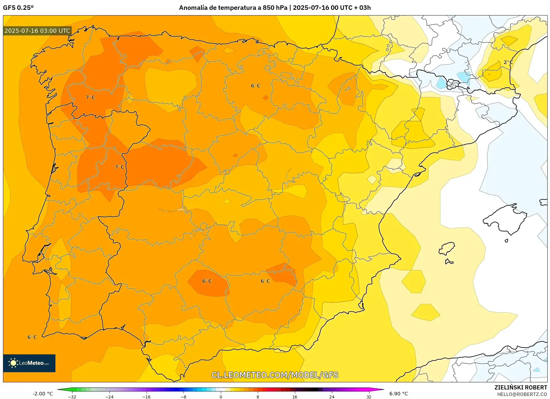 GFS model - España, Anomalía de temperatura a 850 hPa GFS model - España, Anomalía de temperatura a 850 hPa