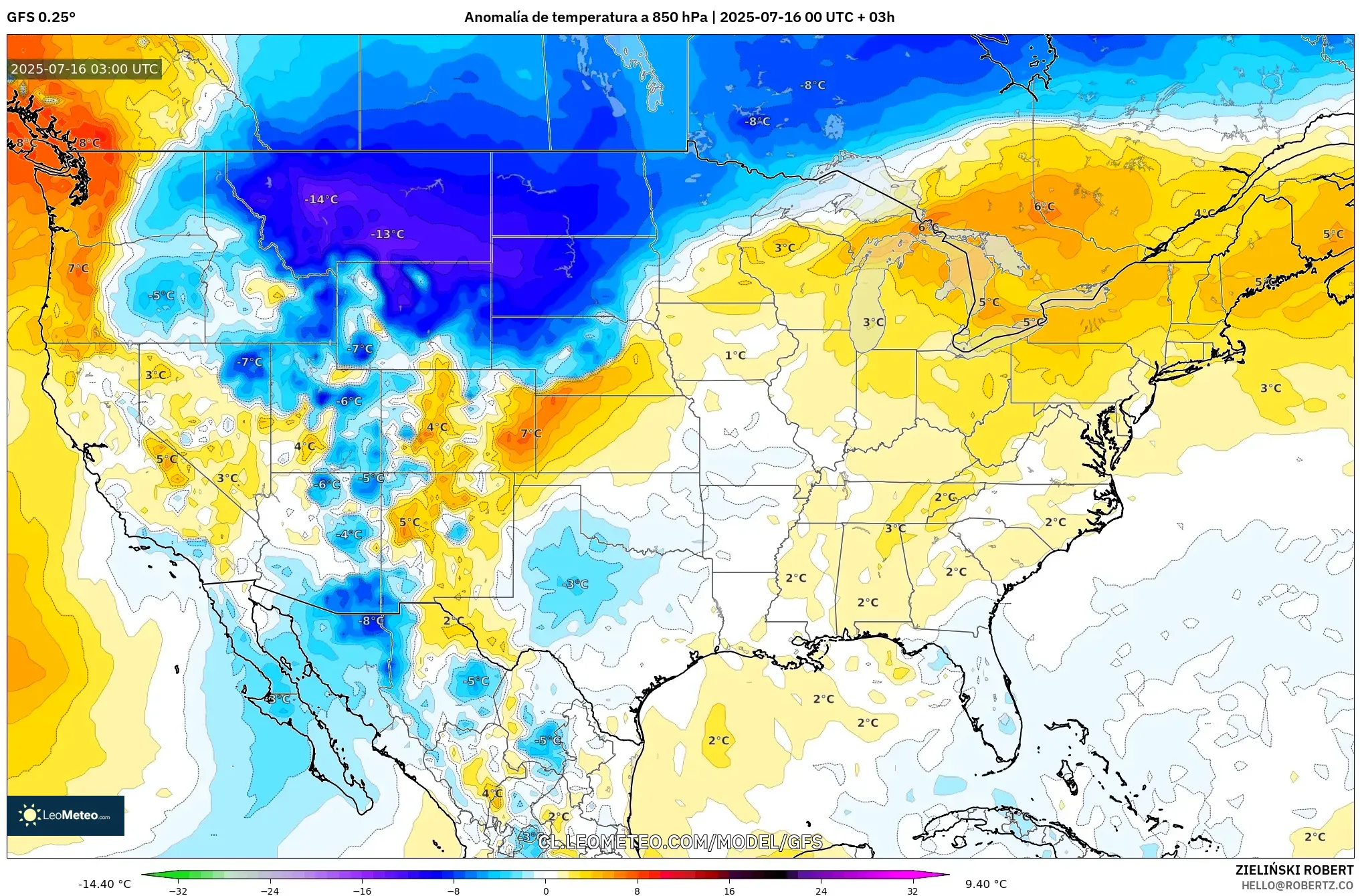 GFS model - Estados Unidos, Anomalía de temperatura a 850 hPa GFS model - Estados Unidos, Anomalía de temperatura a 850 hPa