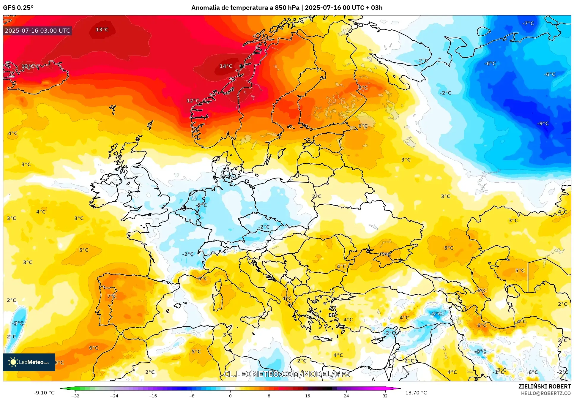 GFS model - Europa, Anomalía de temperatura a 850 hPa GFS model - Europa, Anomalía de temperatura a 850 hPa