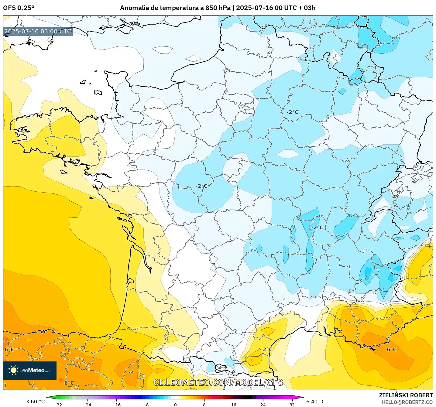 GFS model - Francia, Anomalía de temperatura a 850 hPa GFS model - Francia, Anomalía de temperatura a 850 hPa