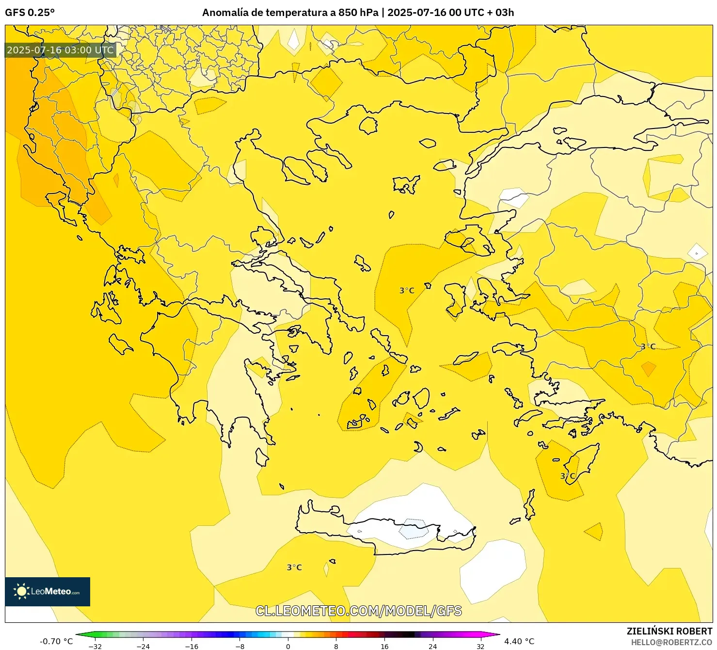 GFS model - Grecia, Anomalía de temperatura a 850 hPa