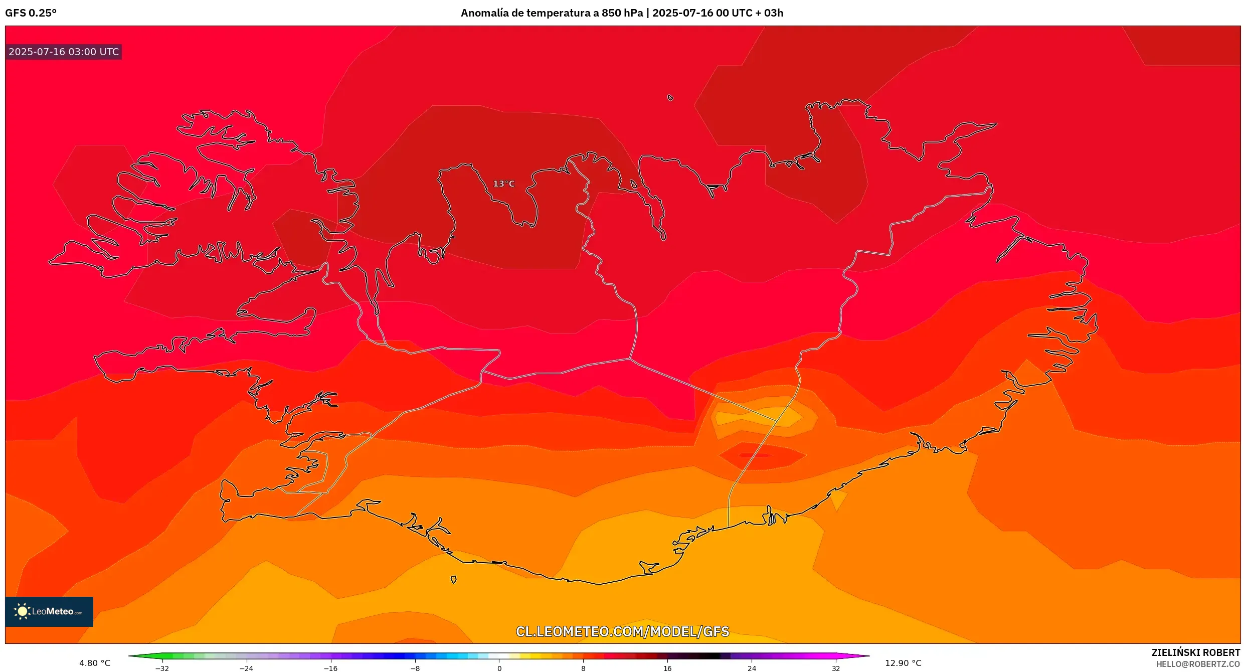 GFS model - Islandia, Anomalía de temperatura a 850 hPa GFS model - Islandia, Anomalía de temperatura a 850 hPa