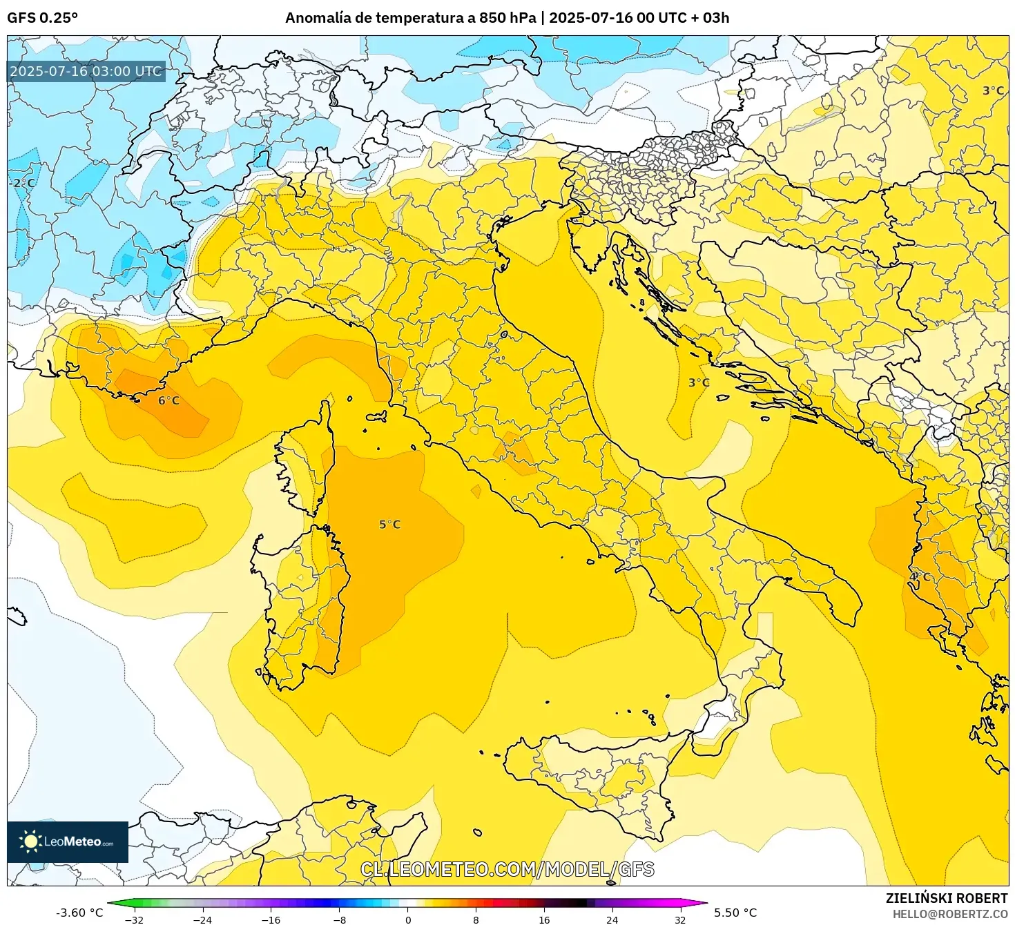 GFS model - Italia, Anomalía de temperatura a 850 hPa GFS model - Italia, Anomalía de temperatura a 850 hPa