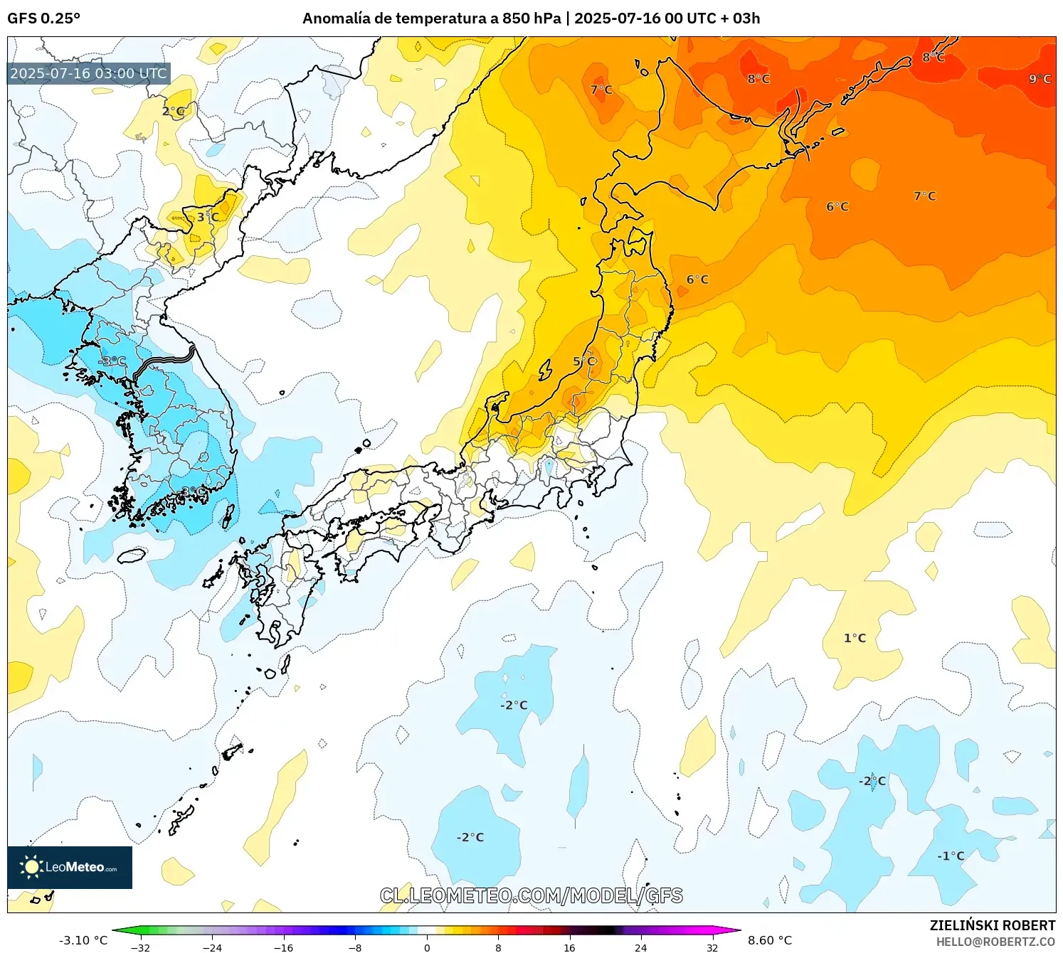 GFS model - Japón, Anomalía de temperatura a 850 hPa GFS model - Japón, Anomalía de temperatura a 850 hPa