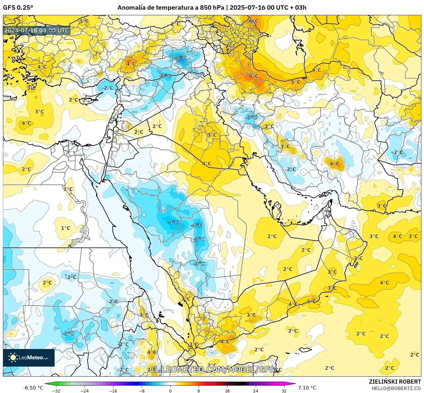 GFS model - Oriente Medio, Anomalía de temperatura a 850 hPa GFS model - Oriente Medio, Anomalía de temperatura a 850 hPa