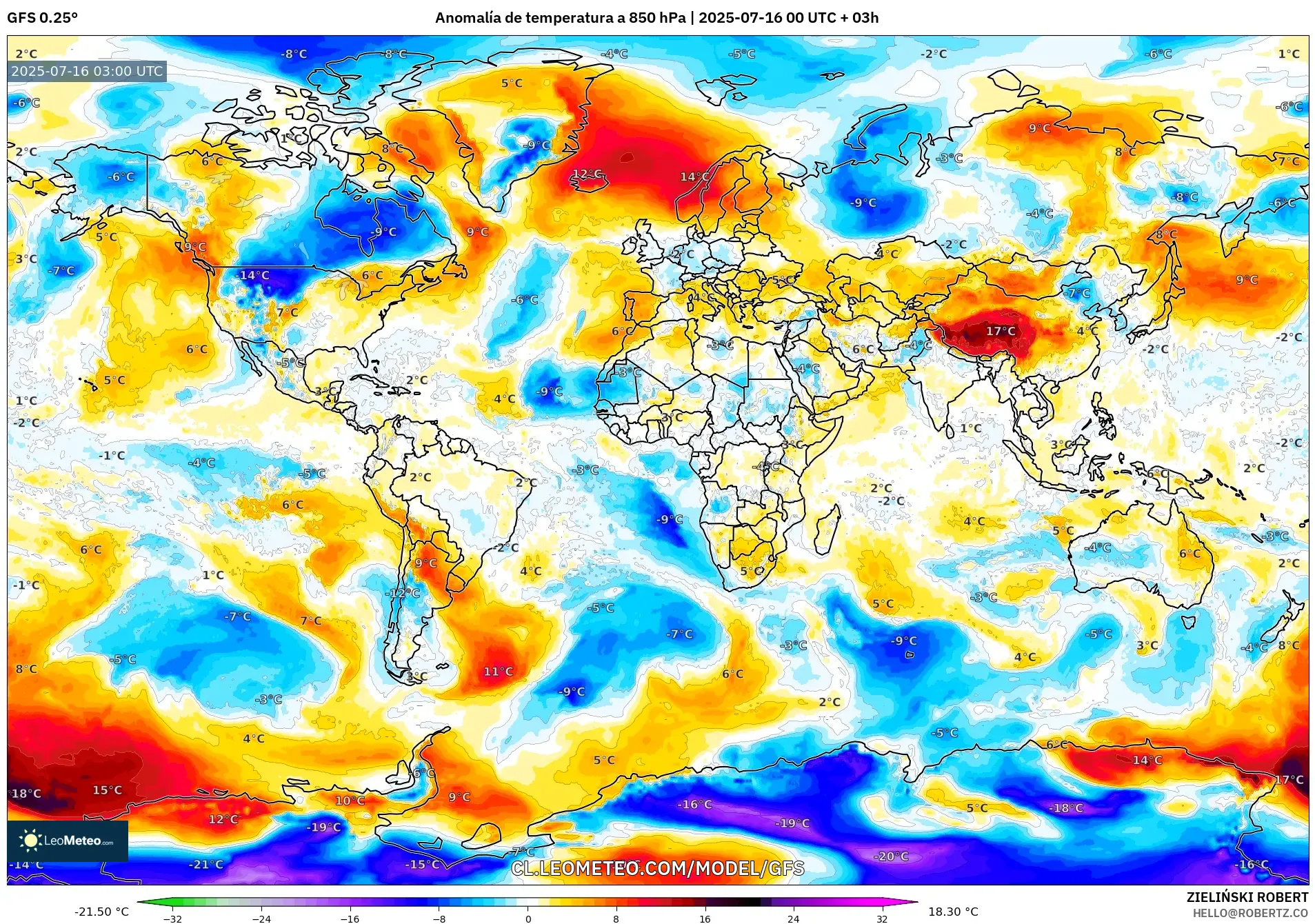 GFS model - Mundo, Anomalía de temperatura a 850 hPa GFS model - Mundo, Anomalía de temperatura a 850 hPa