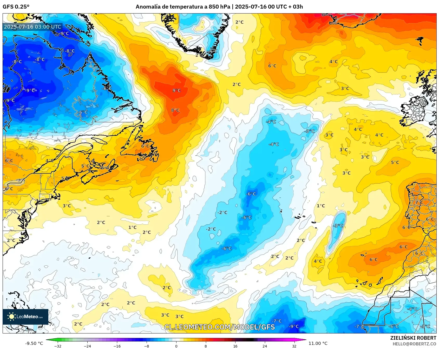 GFS model - Norte Atlántico, Anomalía de temperatura a 850 hPa GFS model - Norte Atlántico, Anomalía de temperatura a 850 hPa