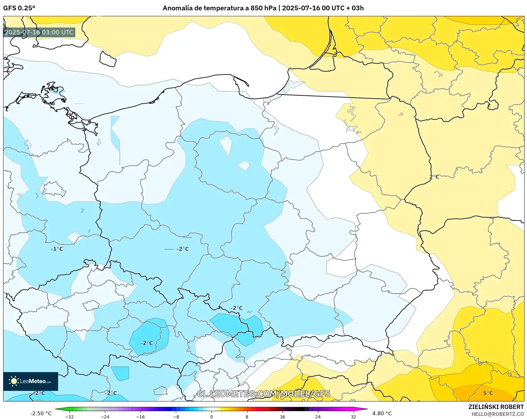 GFS model - Polonia, Anomalía de temperatura a 850 hPa GFS model - Polonia, Anomalía de temperatura a 850 hPa