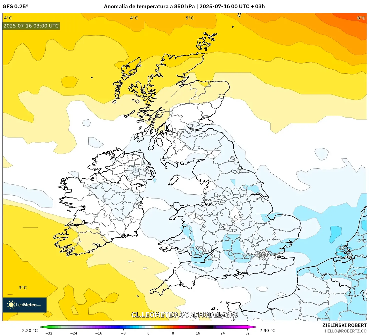 GFS model - Reino Unido, Anomalía de temperatura a 850 hPa GFS model - Reino Unido, Anomalía de temperatura a 850 hPa