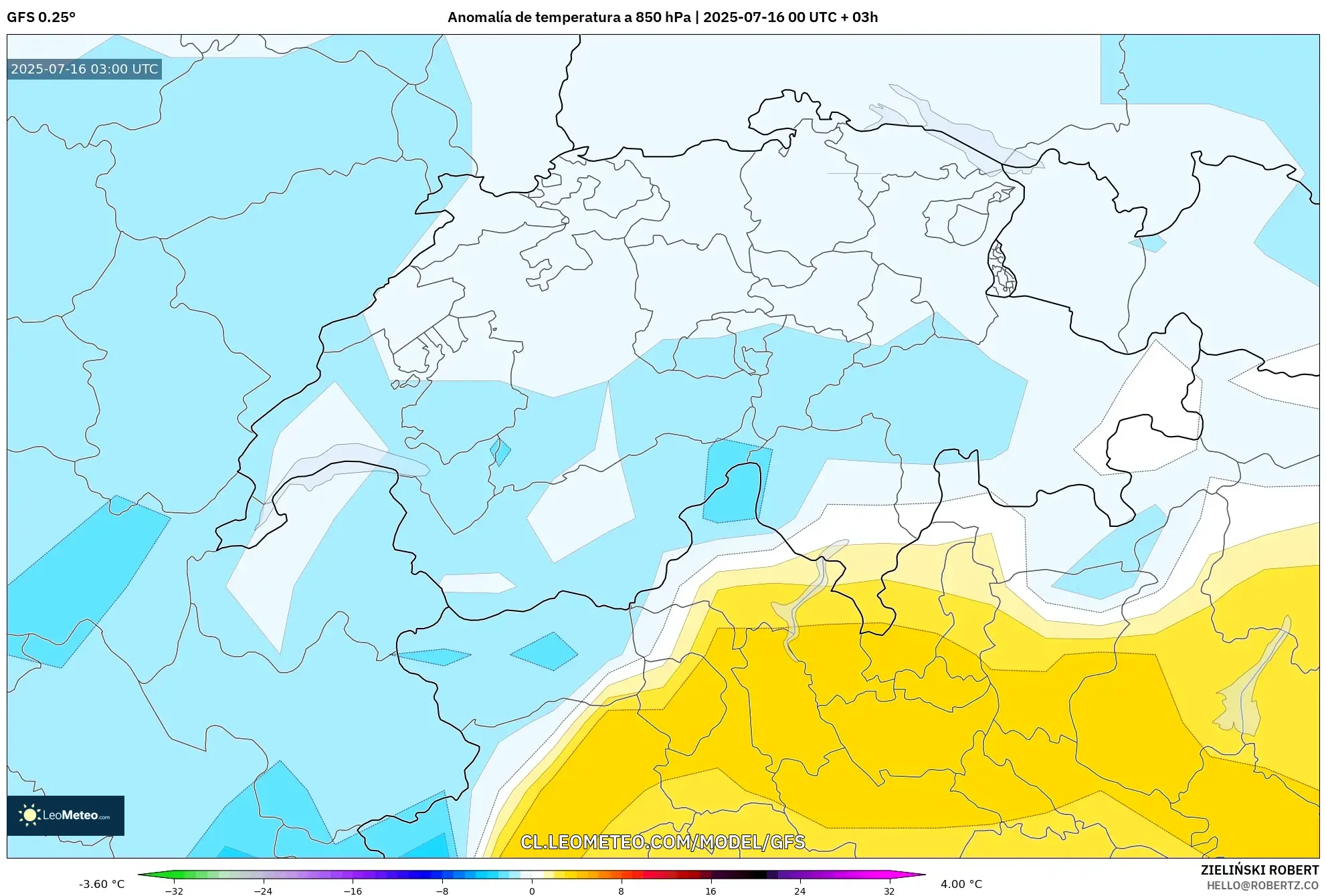 GFS model - Suiza, Anomalía de temperatura a 850 hPa GFS model - Suiza, Anomalía de temperatura a 850 hPa